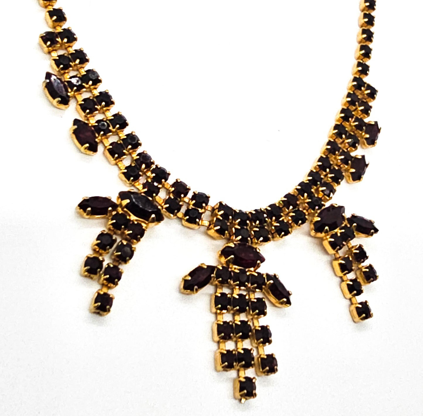 Ruby Red rhinestone vintage red and gold statement bib mid century necklace
