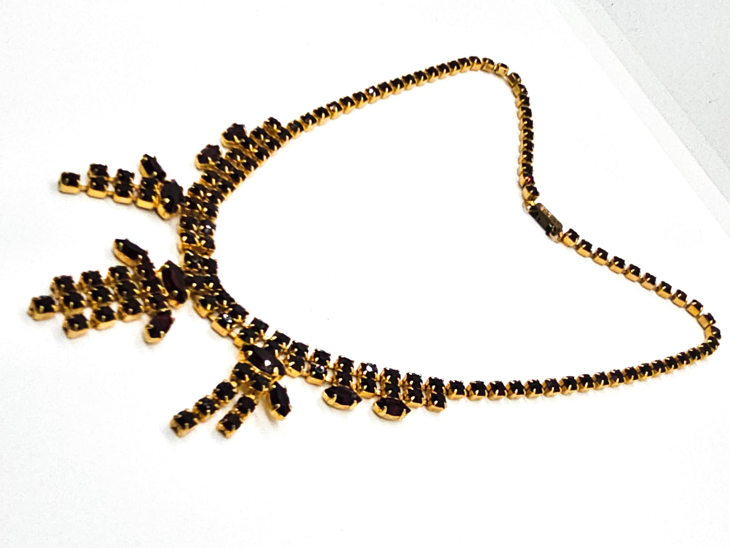 Ruby Red rhinestone vintage red and gold statement bib mid century necklace