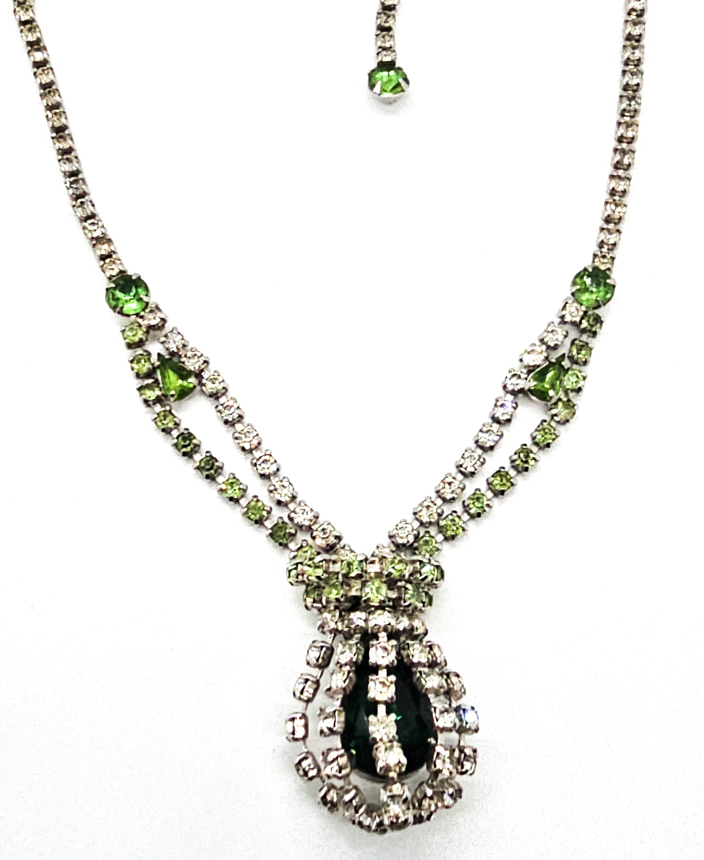 Green caged pendant vintage rhinestone holiday statement necklace