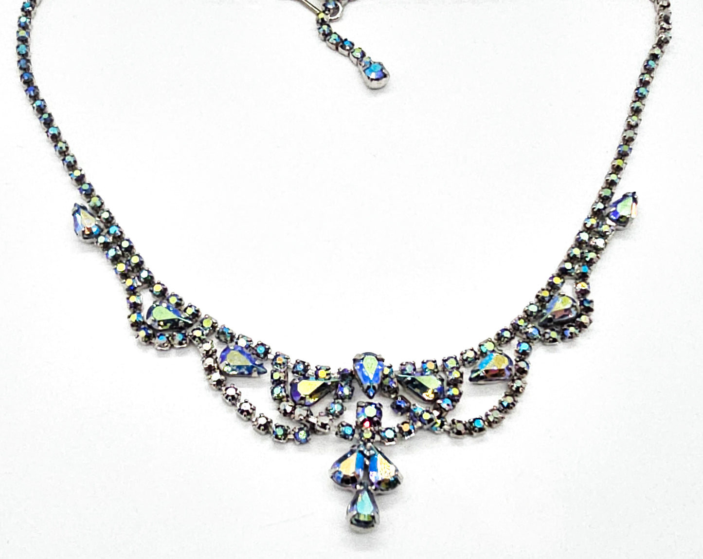 Blue Aurora Borealis rainbow vintage rhinestone statement necklace