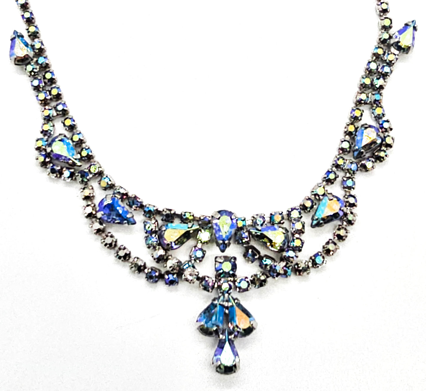 Blue Aurora Borealis rainbow vintage rhinestone statement necklace