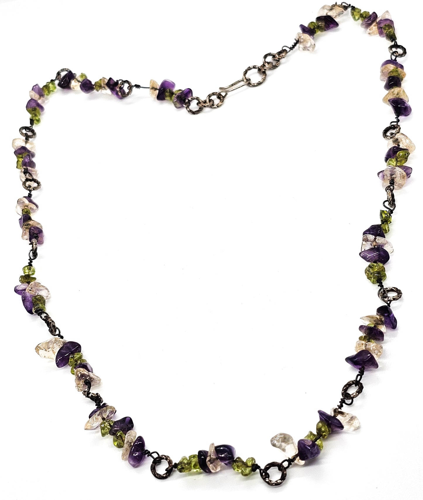 Amethyst, Peridot and Quartz chip vintage artisan sterling silver twisted hoop necklace