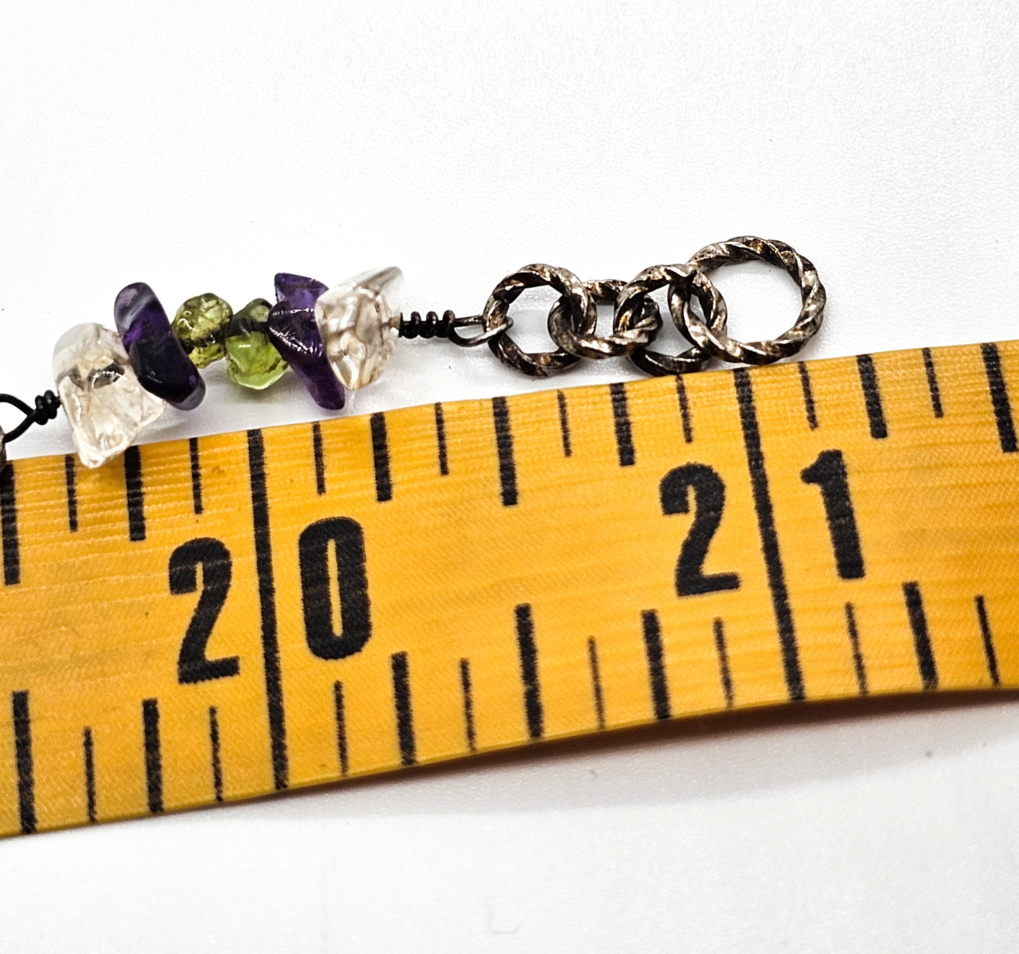 Amethyst, Peridot and Quartz chip vintage artisan sterling silver twisted hoop necklace