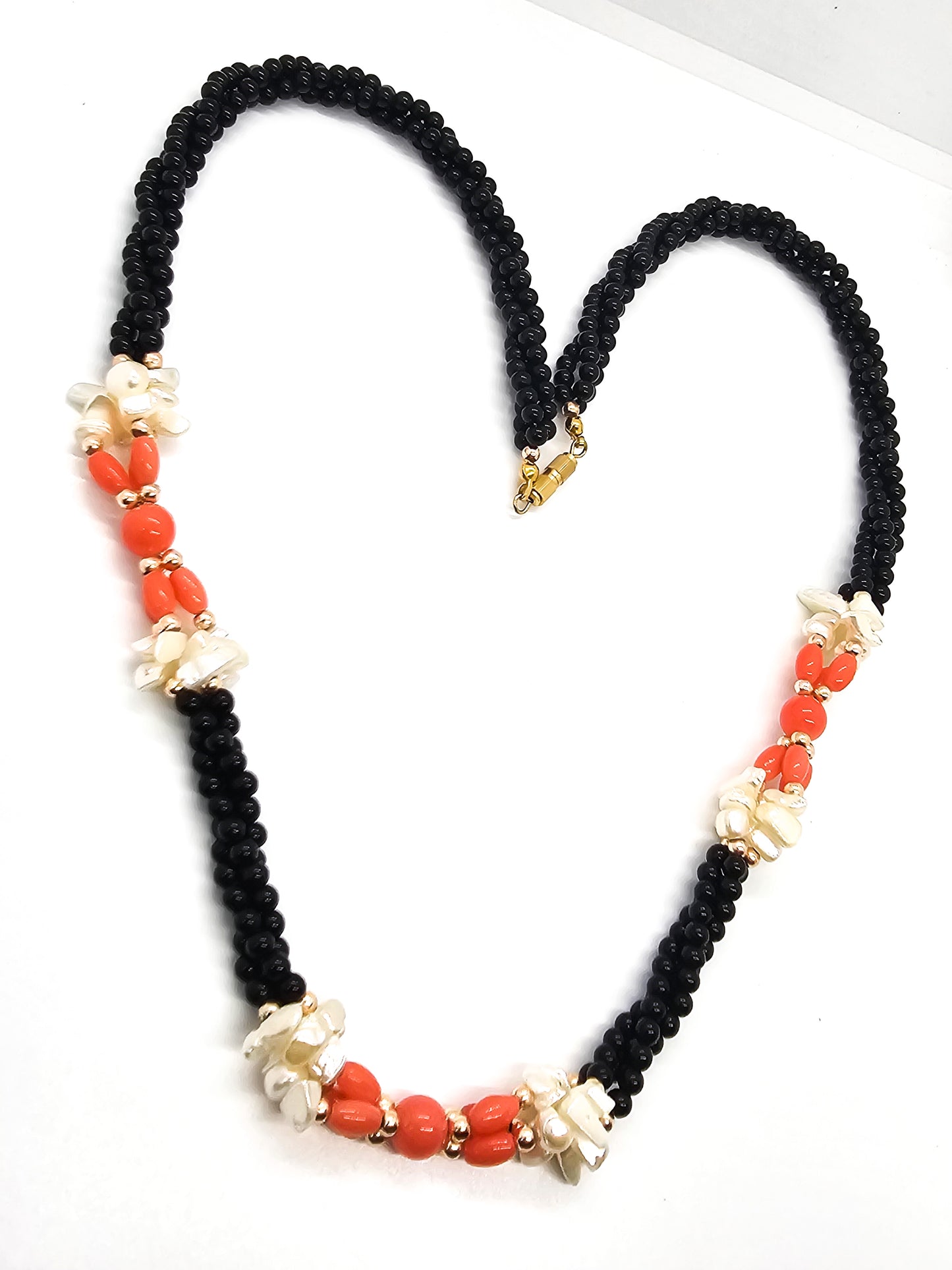 Black onyx twisted gemstone genuine pearl and coral vintage beaded necklace