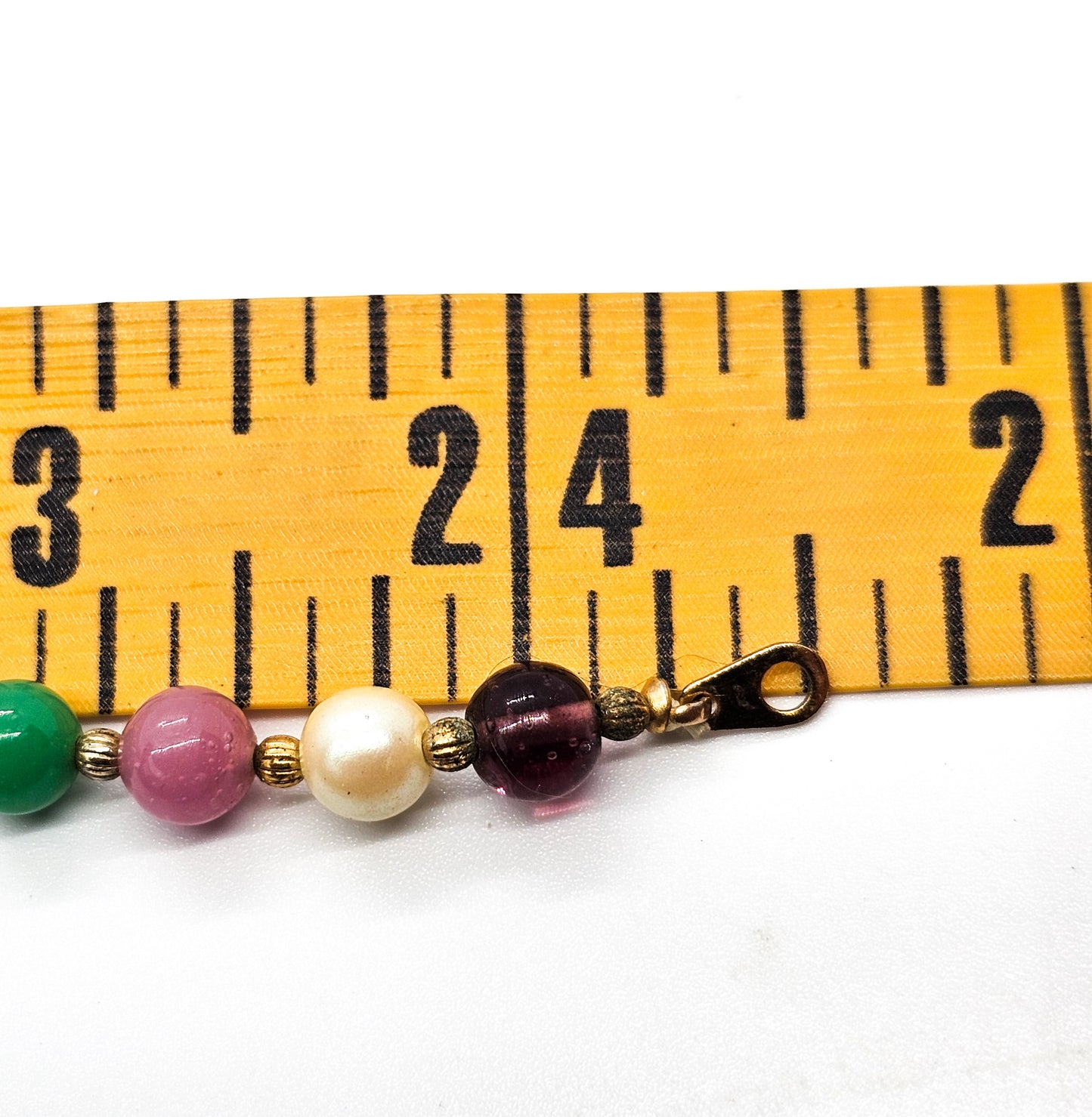 Green purple and pink plastic faux pearl beaded vintage long 24 inch necklace