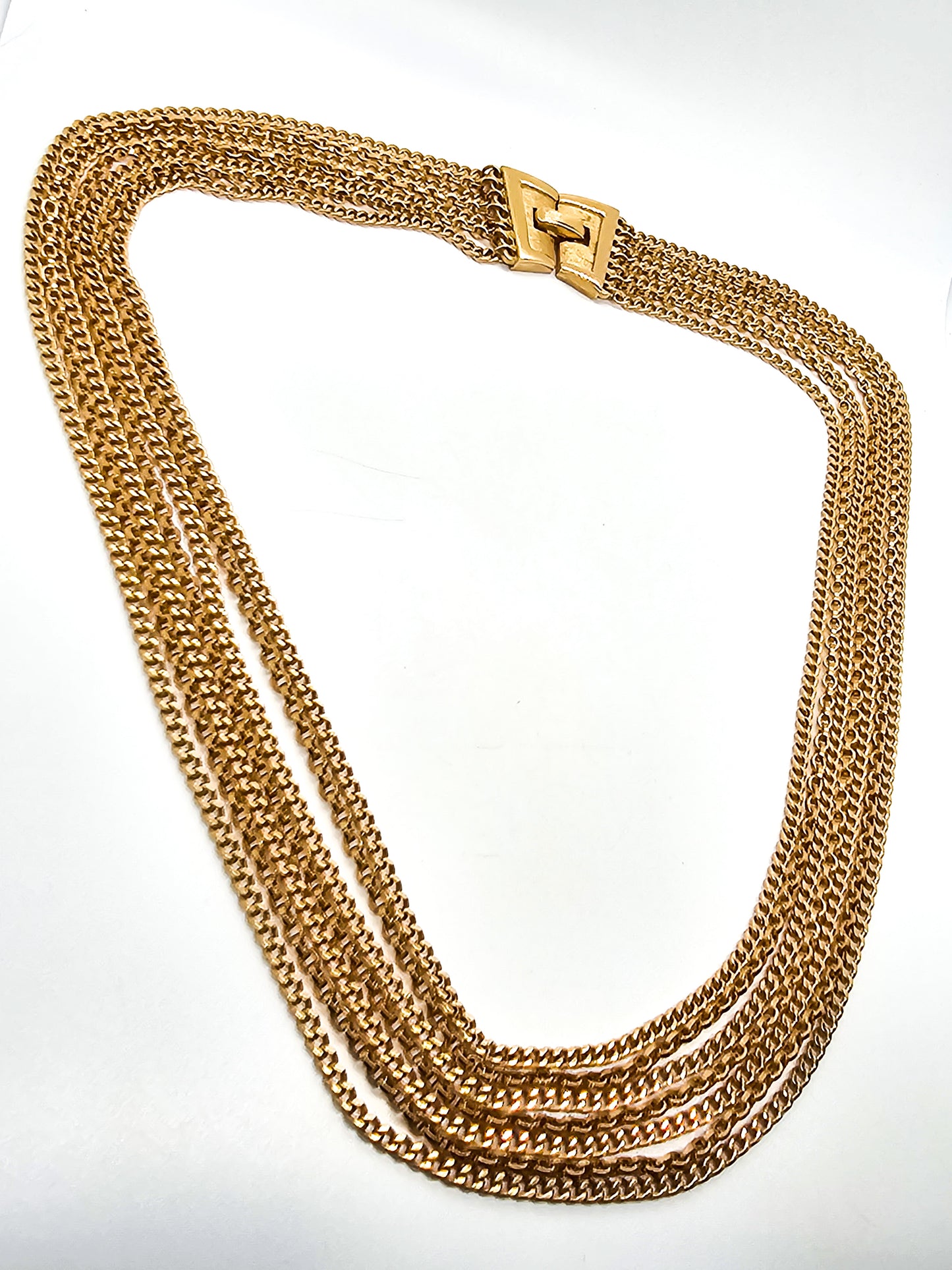 Crown Trifari gold toned 7 layer vintage chain necklace with fold over clasp