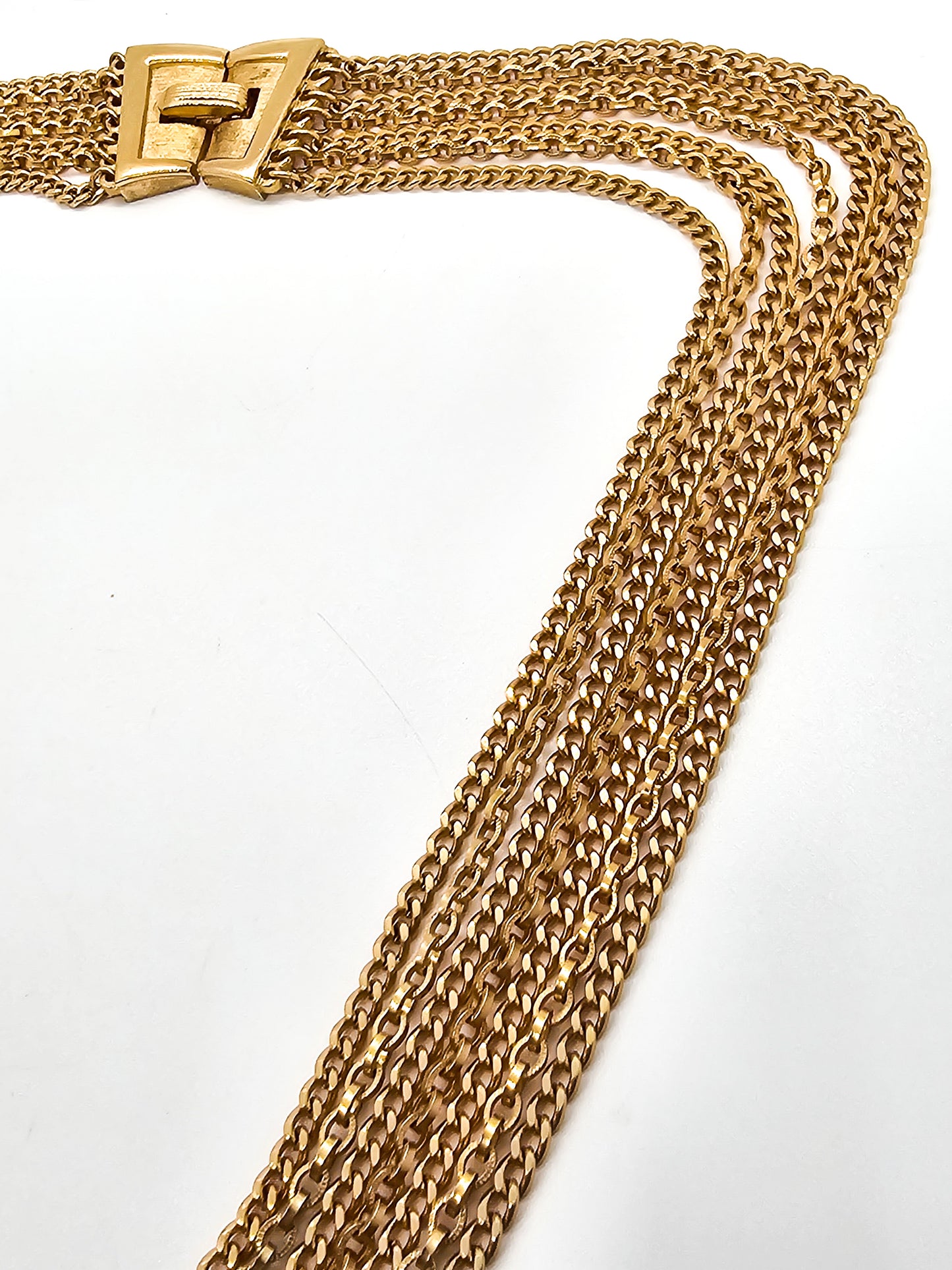Crown Trifari gold toned 7 layer vintage chain necklace with fold over clasp
