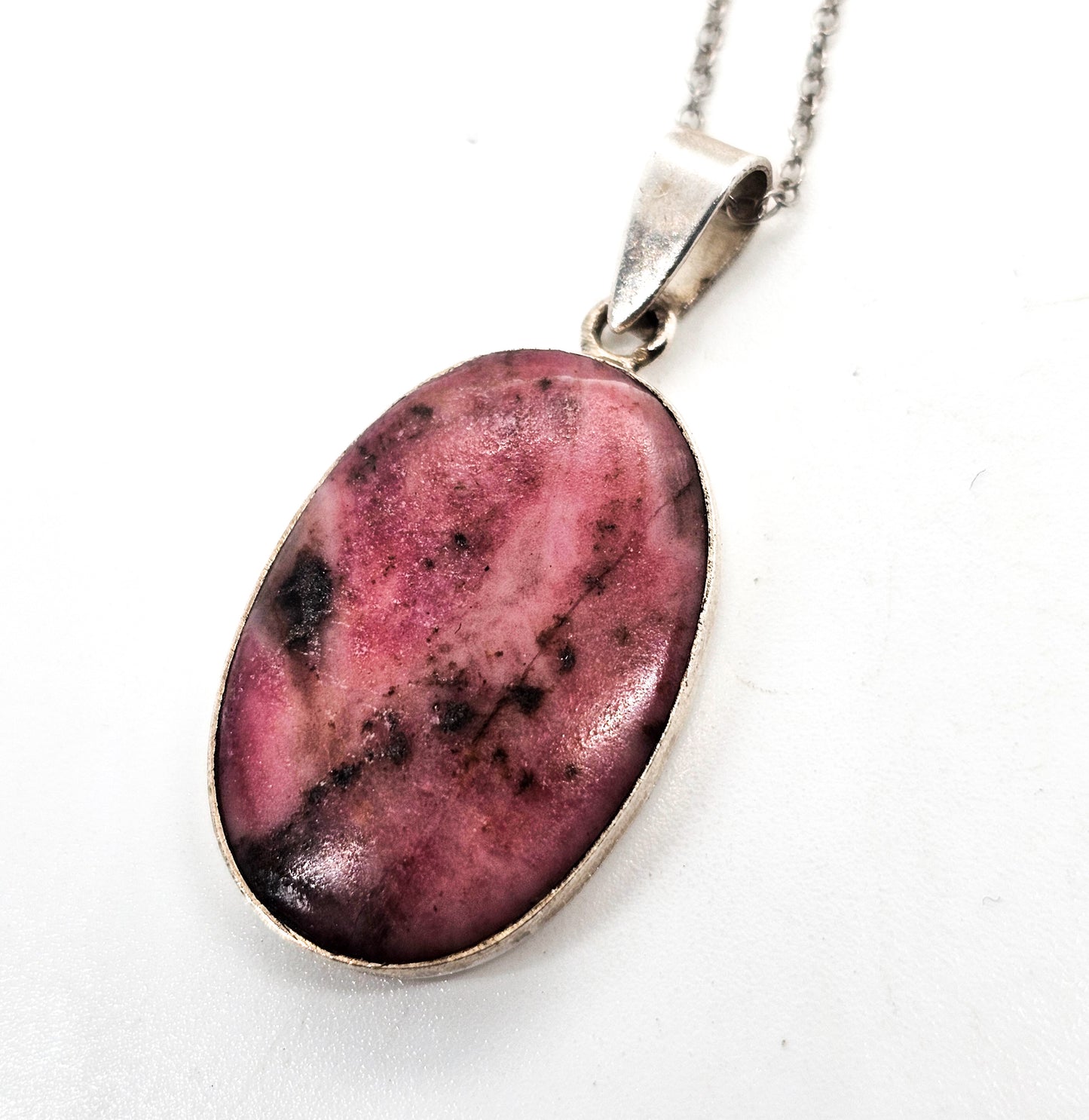 Rhodonite pink and black gemstone sterling silver pendant necklace