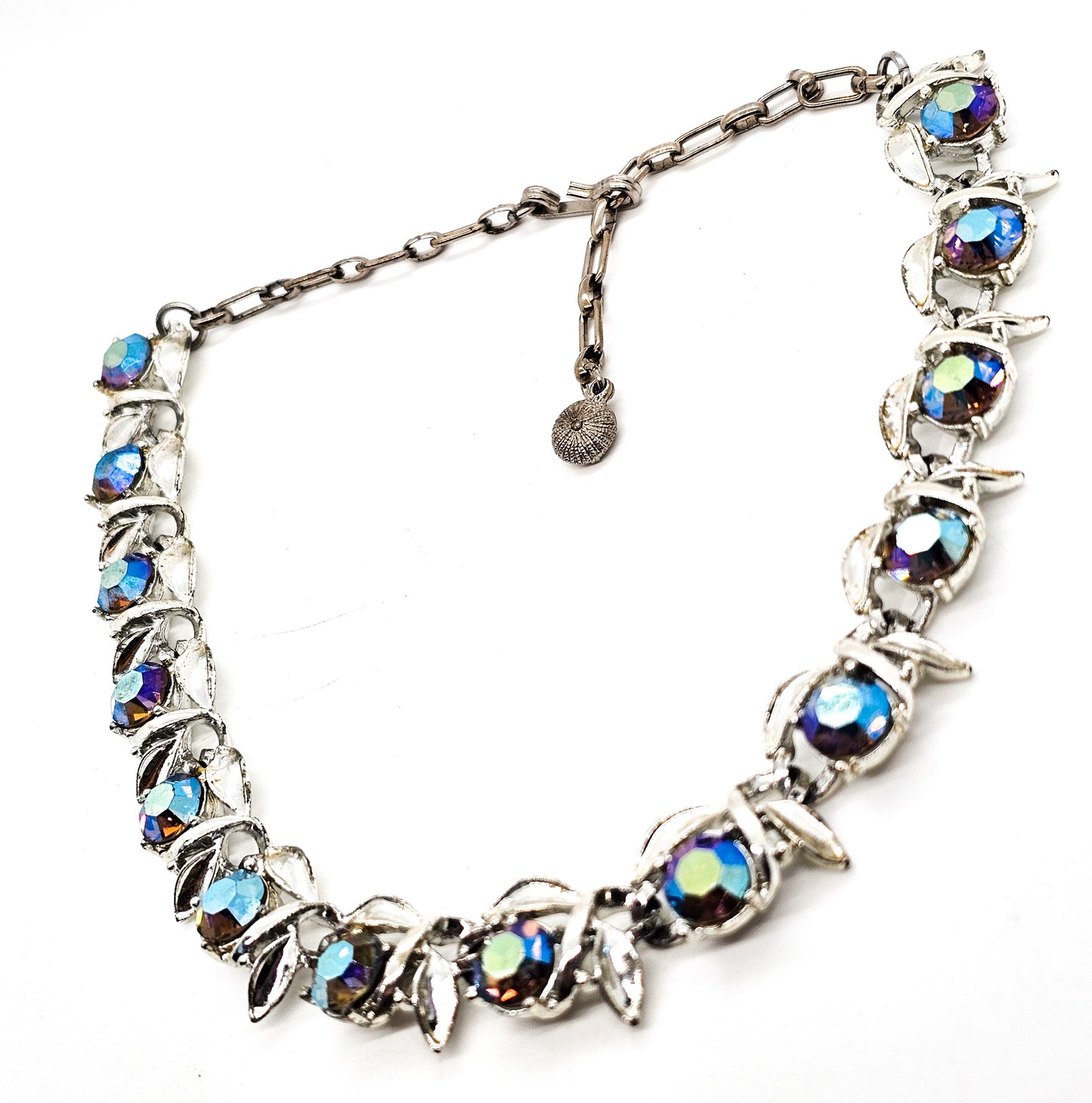 Blue Aurora Borealis silver toned flower vintage mid century pin up necklace