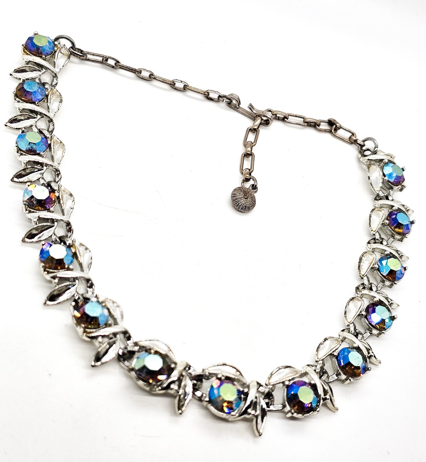Blue Aurora Borealis silver toned flower vintage mid century pin up necklace
