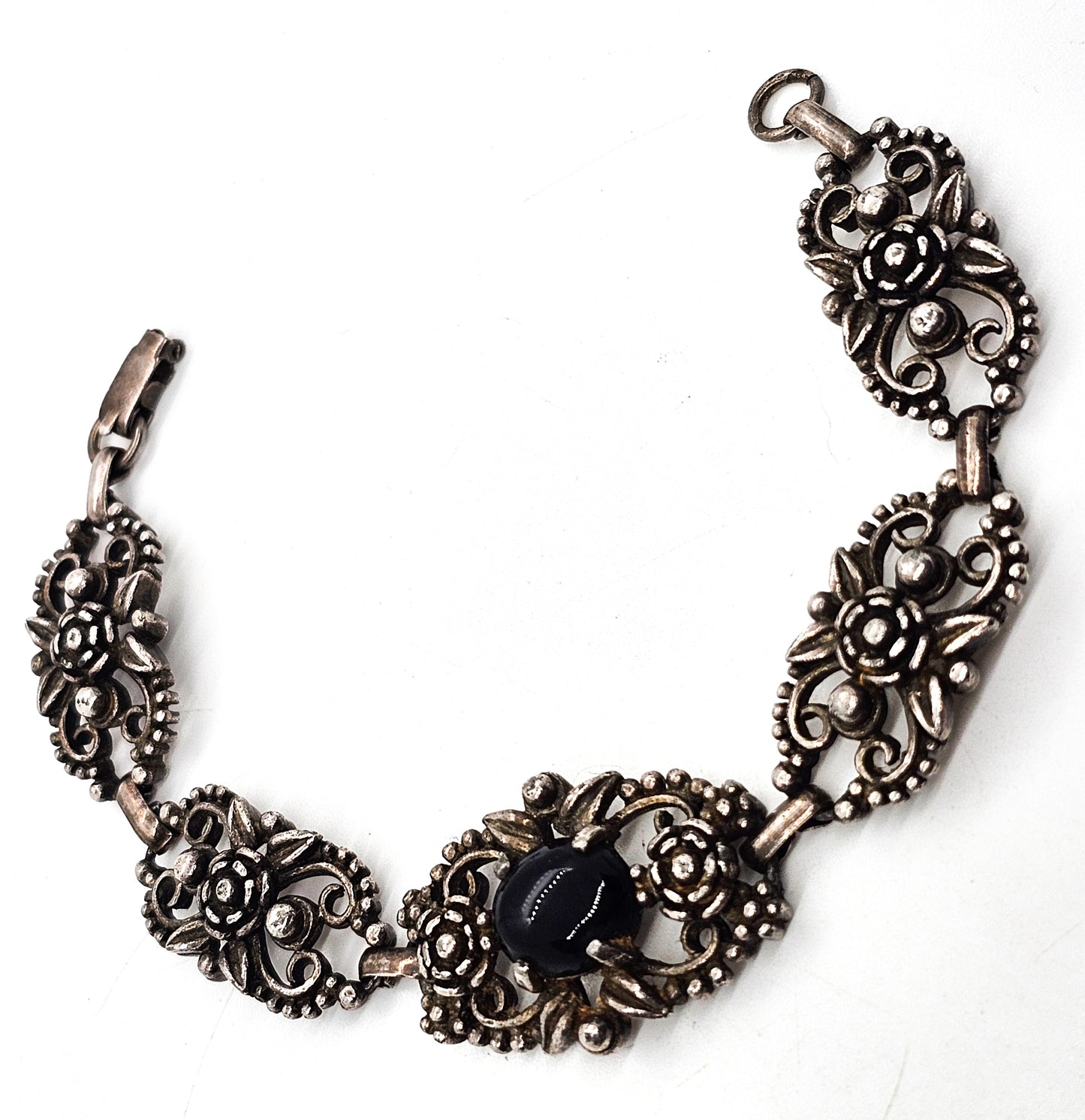 Filigree open work floral vintage panel bracelet with black stone accent