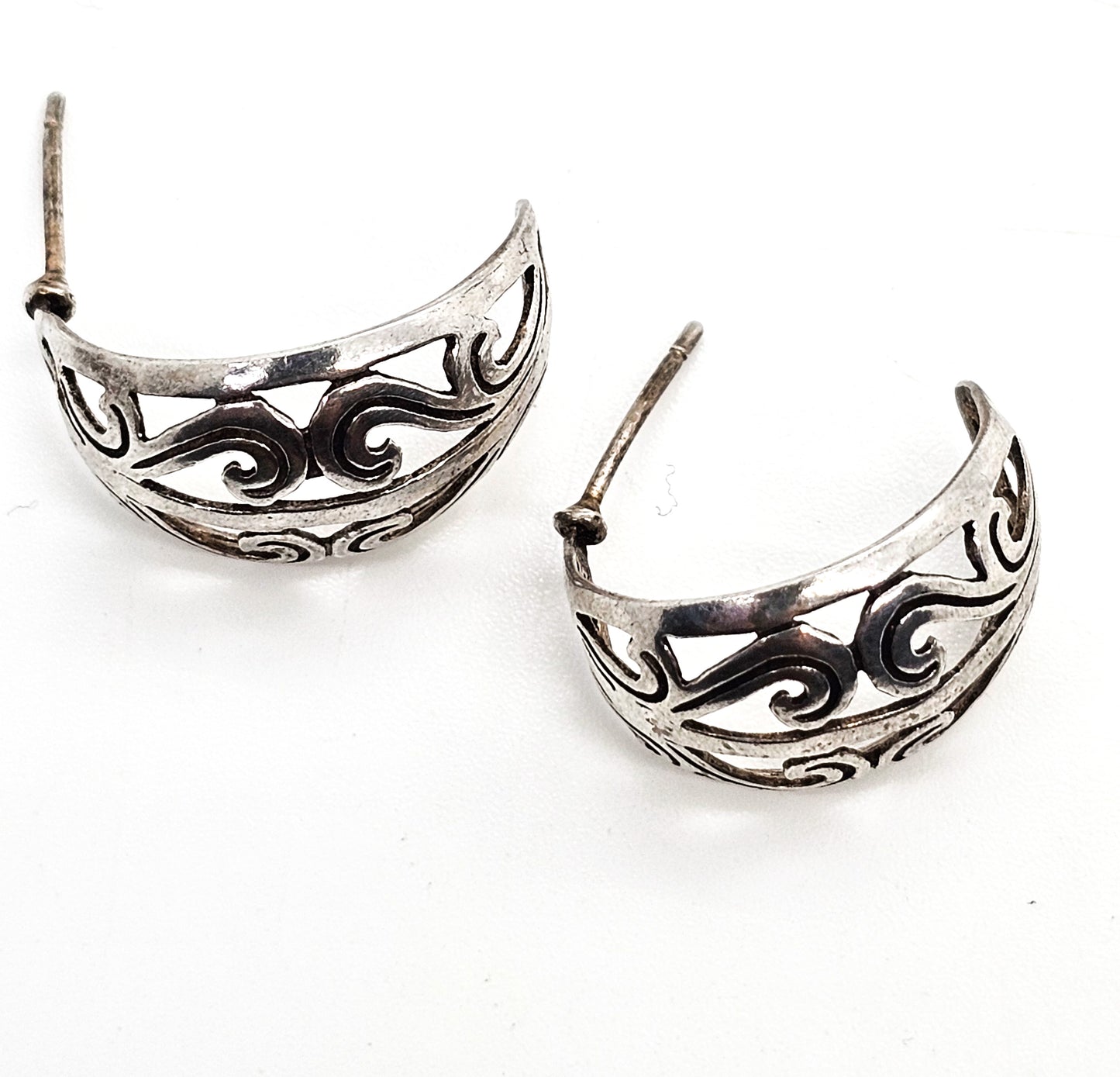 Heart swirl open work vintage sterling silver thick hoop earrings