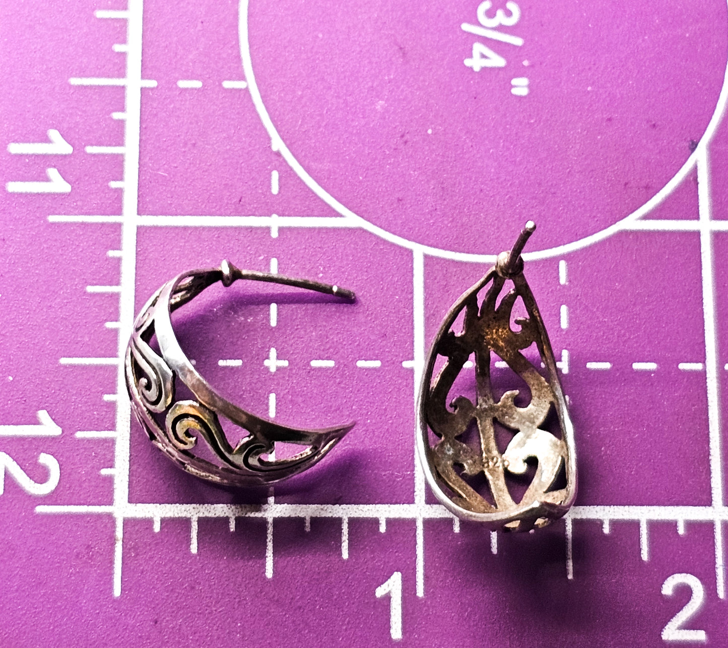 Heart swirl open work vintage sterling silver thick hoop earrings