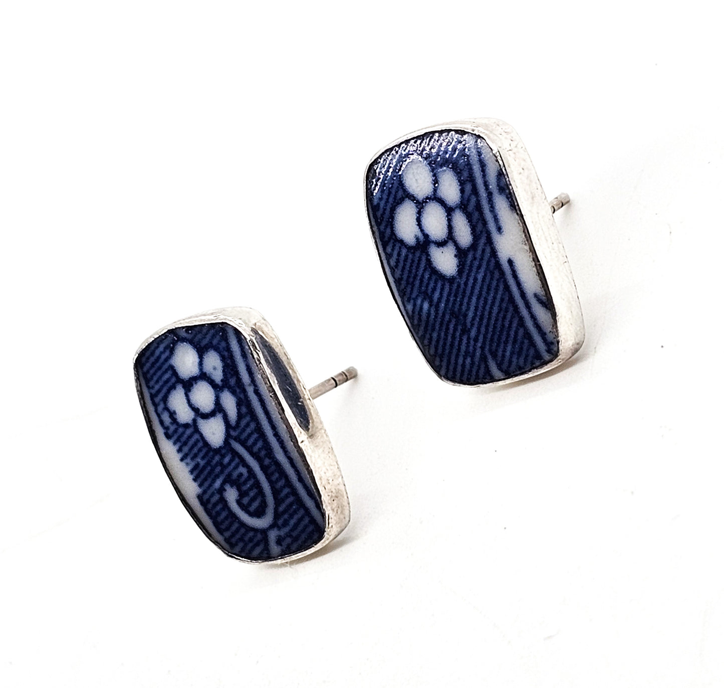 White and blue porcelain tile flower vintage sterling silver post earrings
