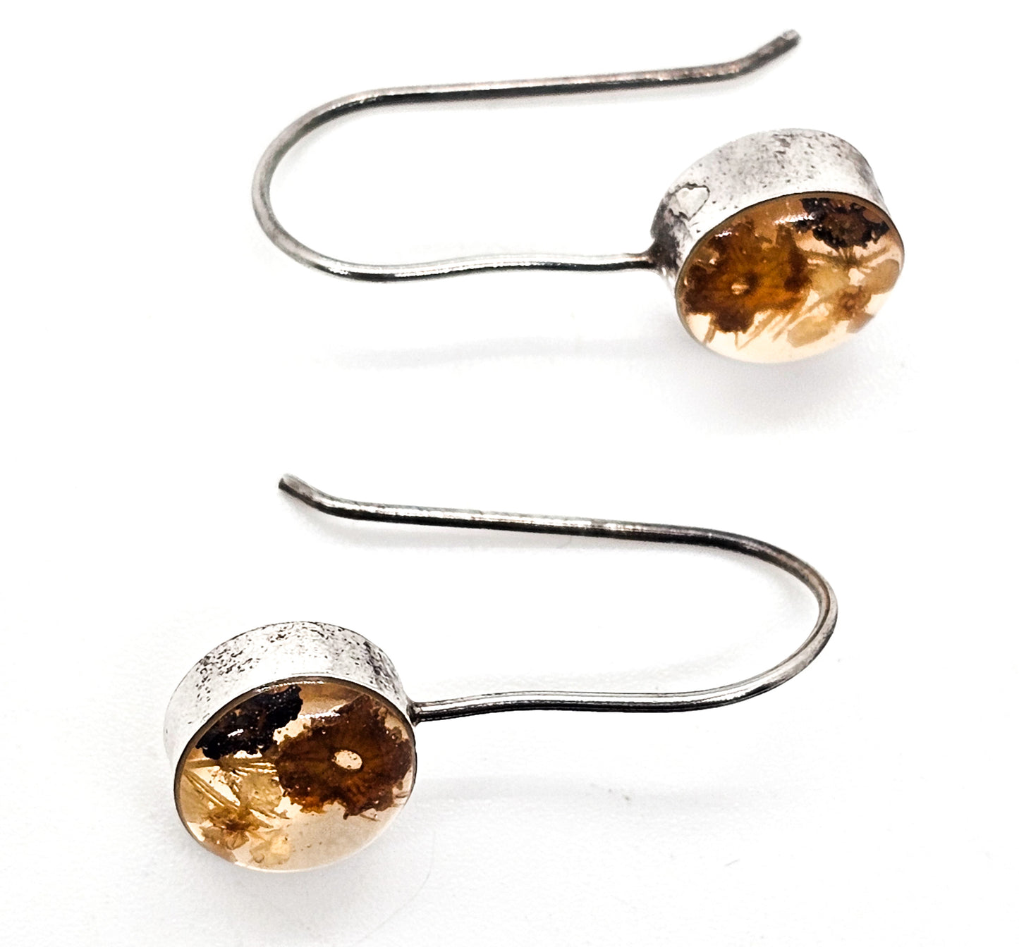 Dried natural flowers in Resin set in sterling silver vintage drop earrings