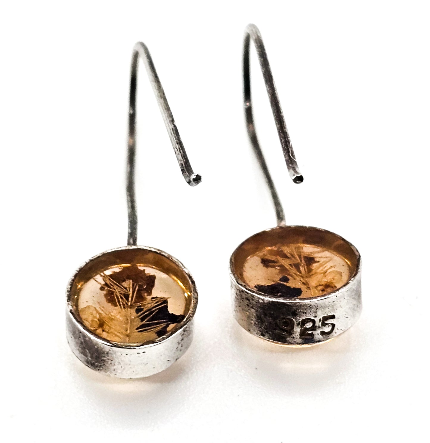 Dried natural flowers in Resin set in sterling silver vintage drop earrings