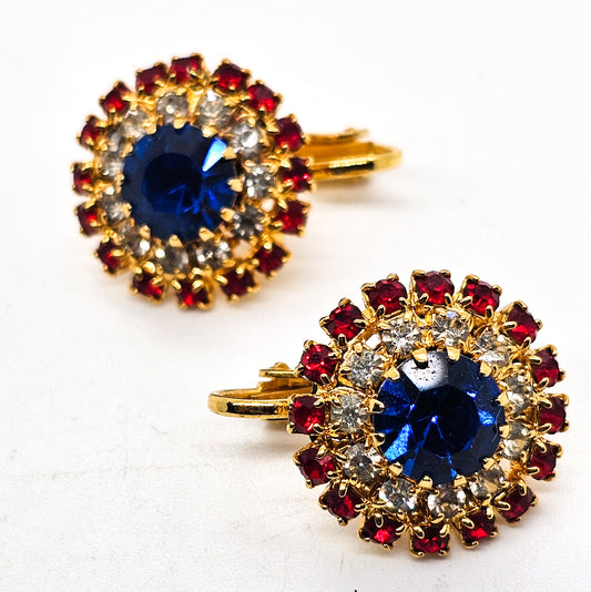 Red White and Blue vintage round rhinestone clip on mid century earrings