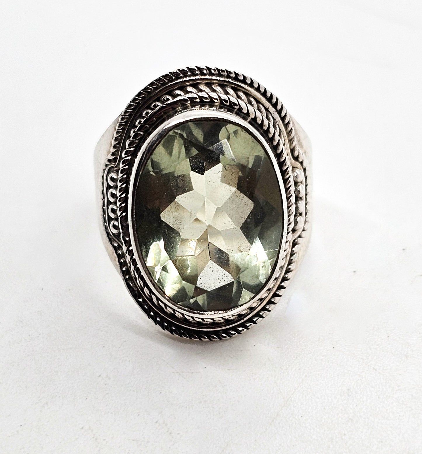 Prasiolite Green Amethyst YS India tribal Bali style sterling silver ring size 7.5