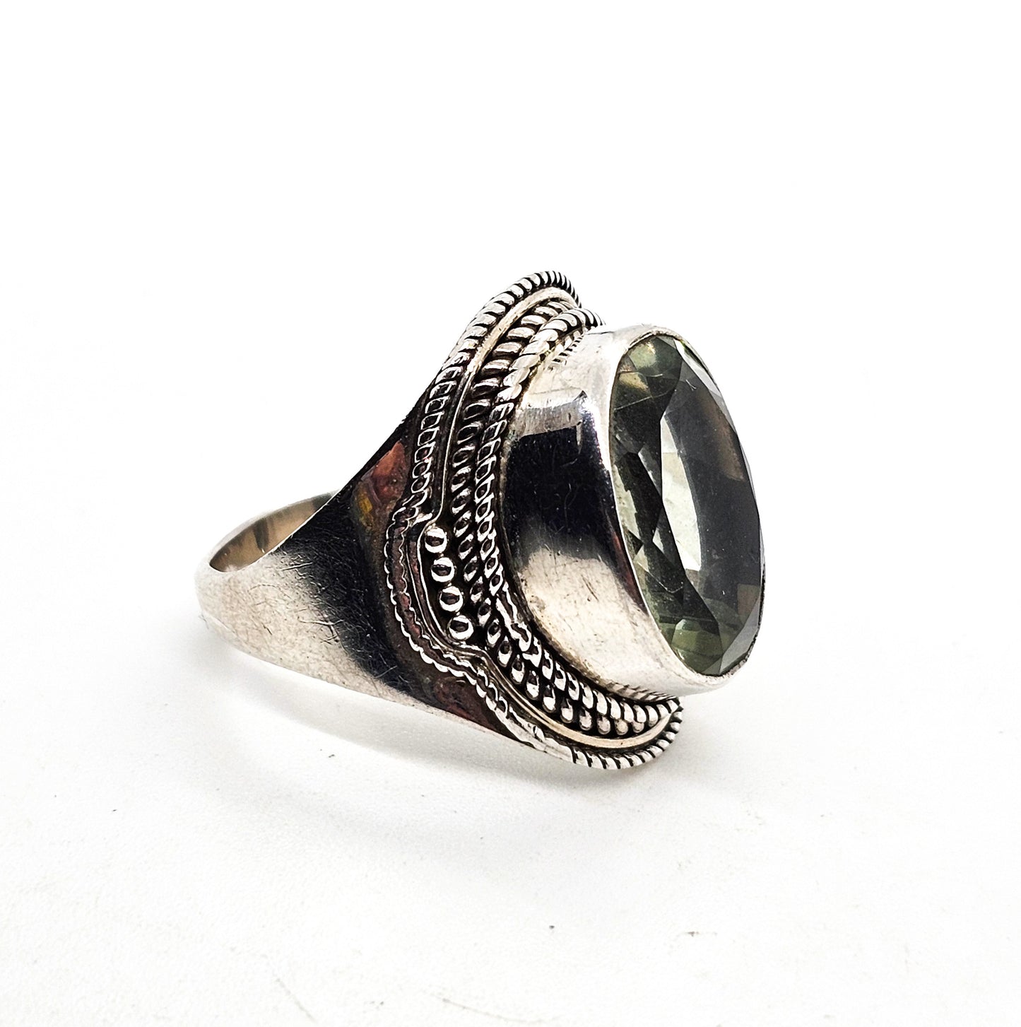 Prasiolite Green Amethyst YS India tribal Bali style sterling silver ring size 7.5