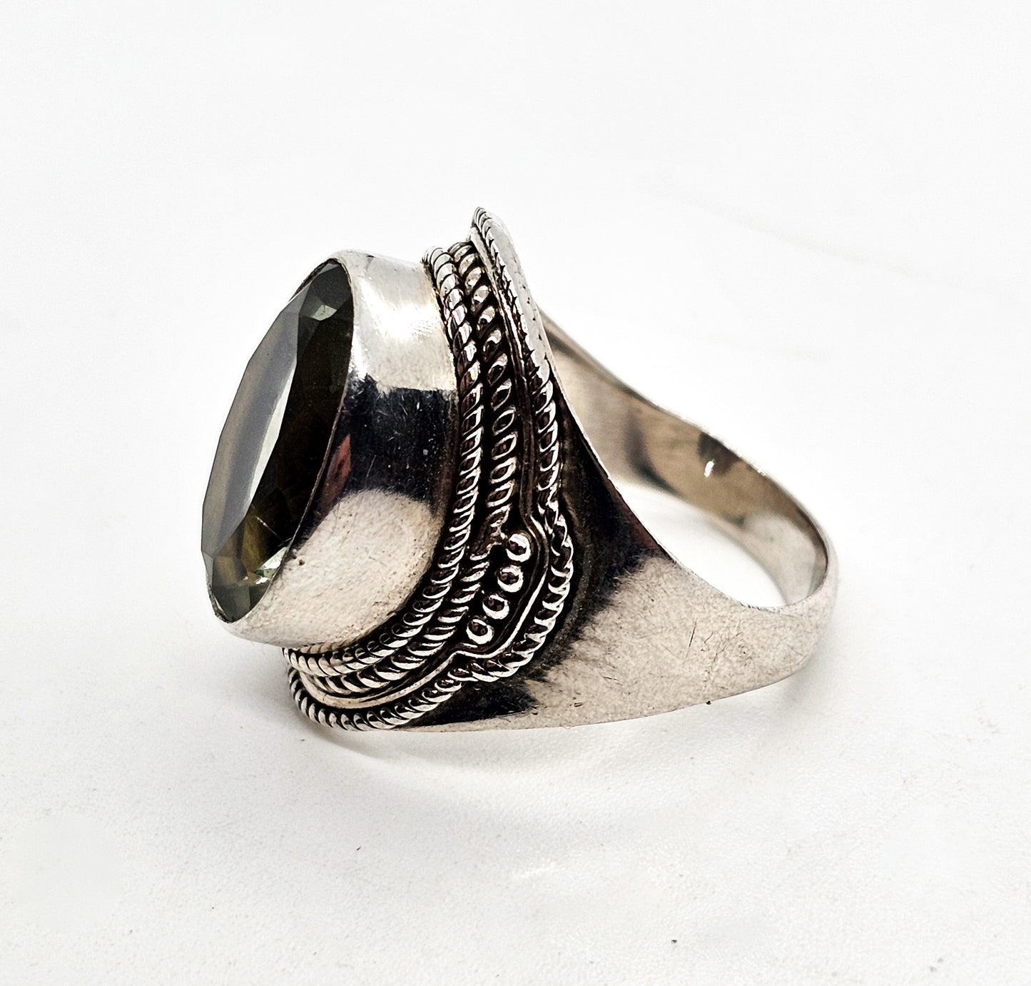 Prasiolite Green Amethyst YS India tribal Bali style sterling silver ring size 7.5