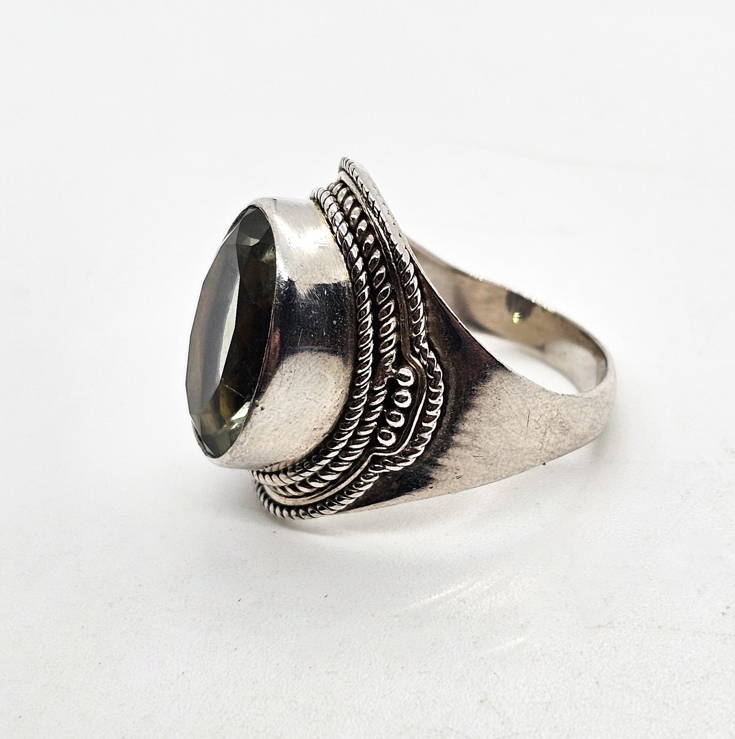 Prasiolite Green Amethyst YS India tribal Bali style sterling silver ring size 7.5