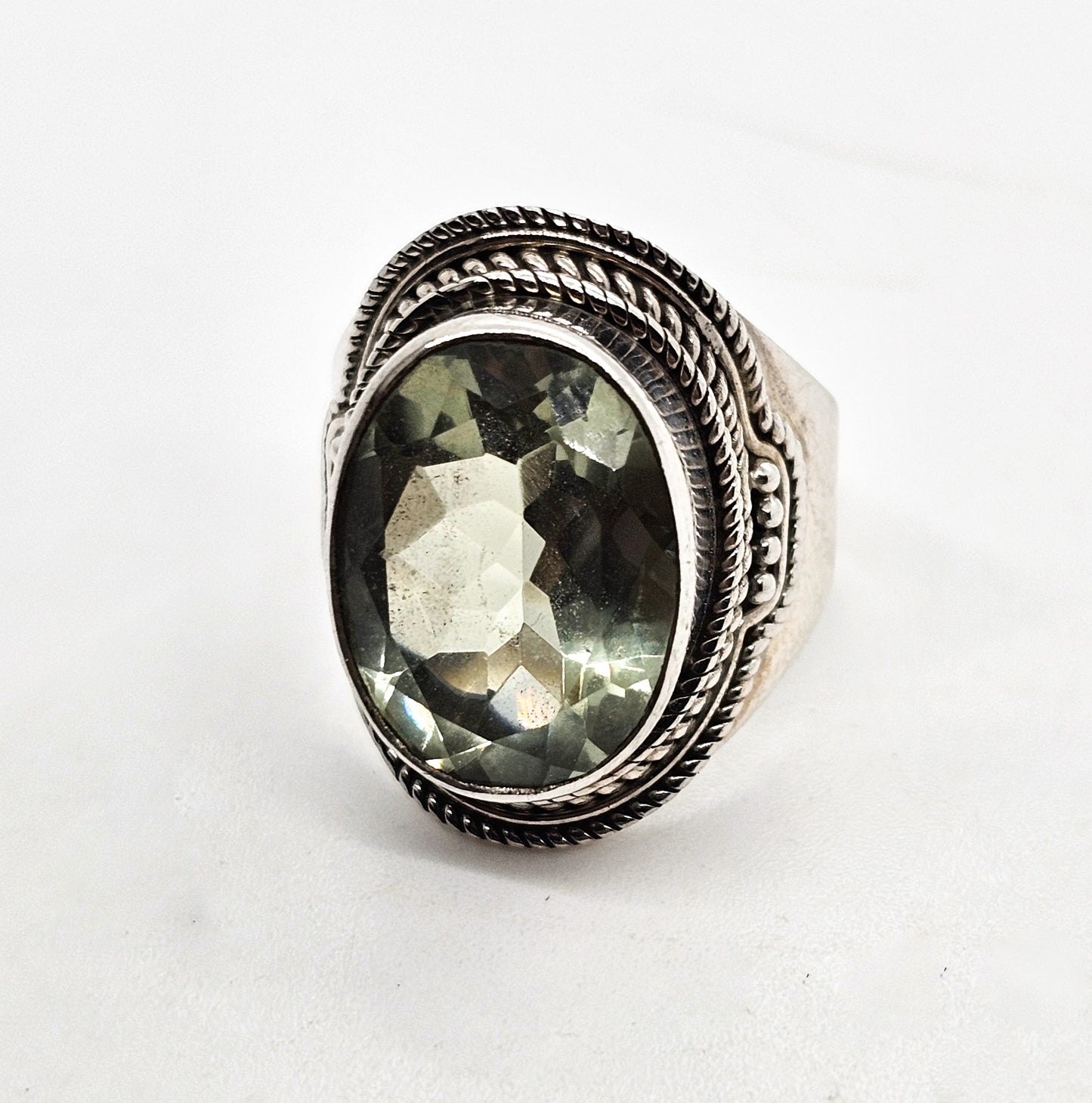 Prasiolite Green Amethyst YS India tribal Bali style sterling silver ring size 7.5