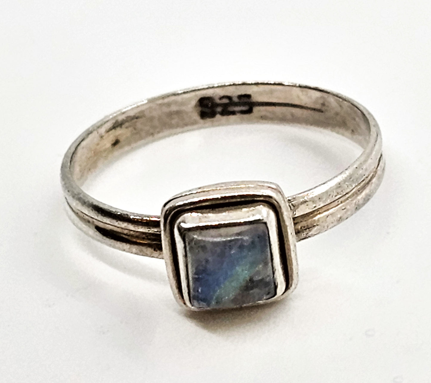 Labradorite small flashy rainbow princess cut sterling silver gemstone ring size 7