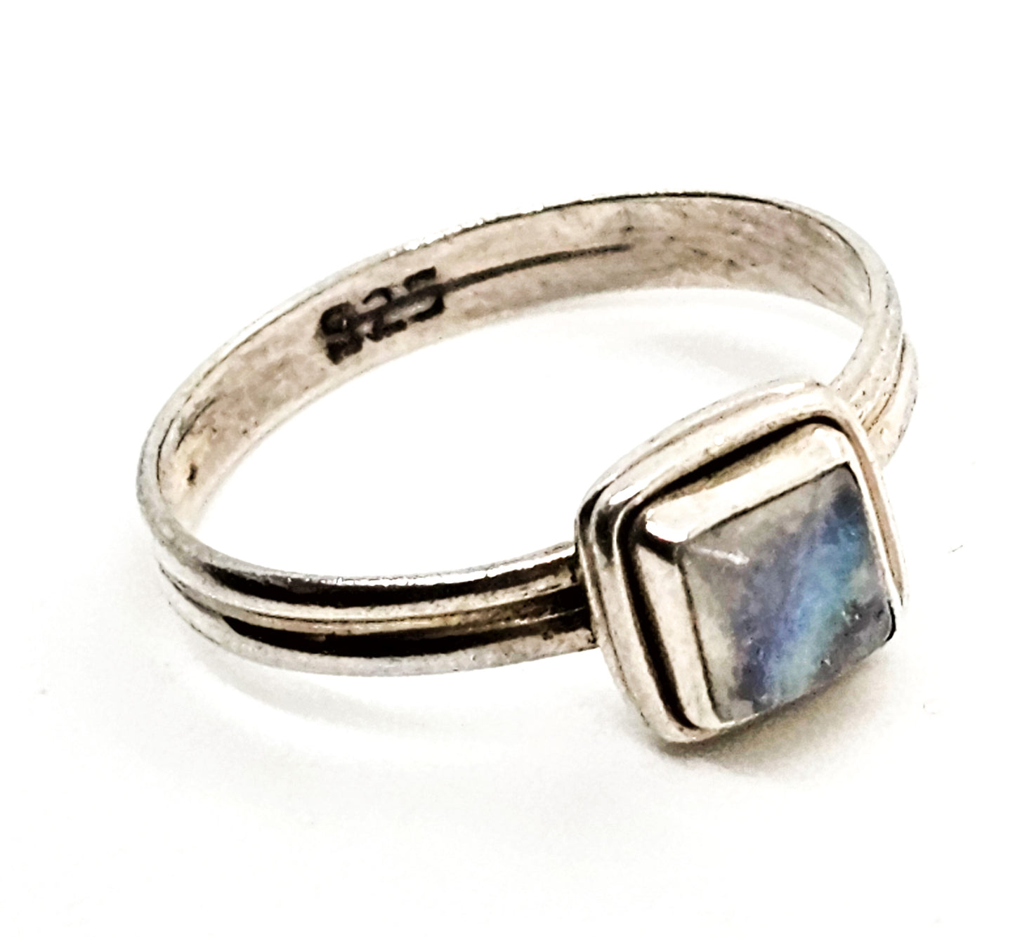 Labradorite small flashy rainbow princess cut sterling silver gemstone ring size 7
