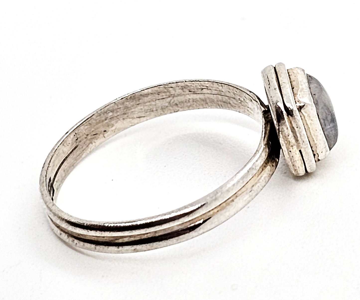Labradorite small flashy rainbow princess cut sterling silver gemstone ring size 7