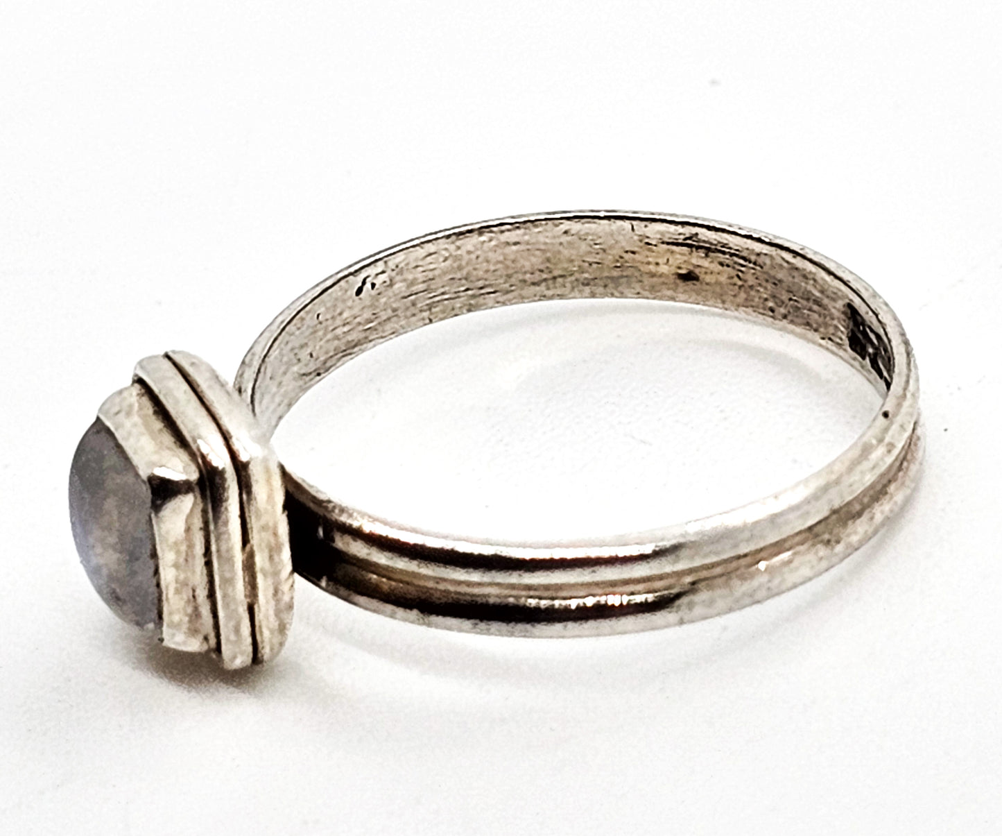 Labradorite small flashy rainbow princess cut sterling silver gemstone ring size 7