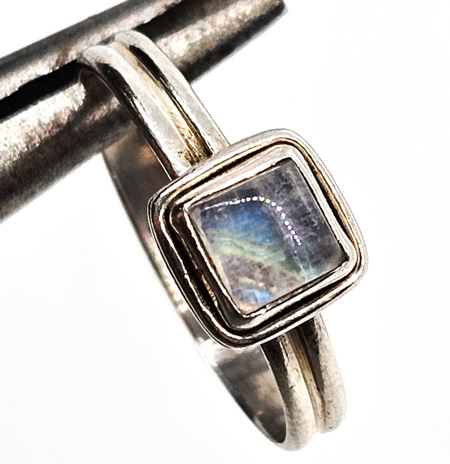 Labradorite small flashy rainbow princess cut sterling silver gemstone ring size 7
