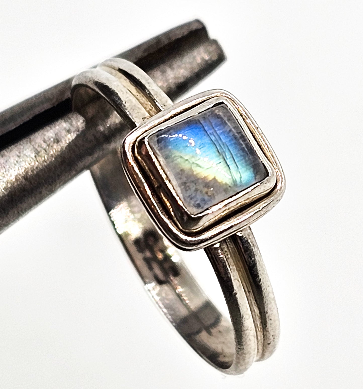 Labradorite small flashy rainbow princess cut sterling silver gemstone ring size 7