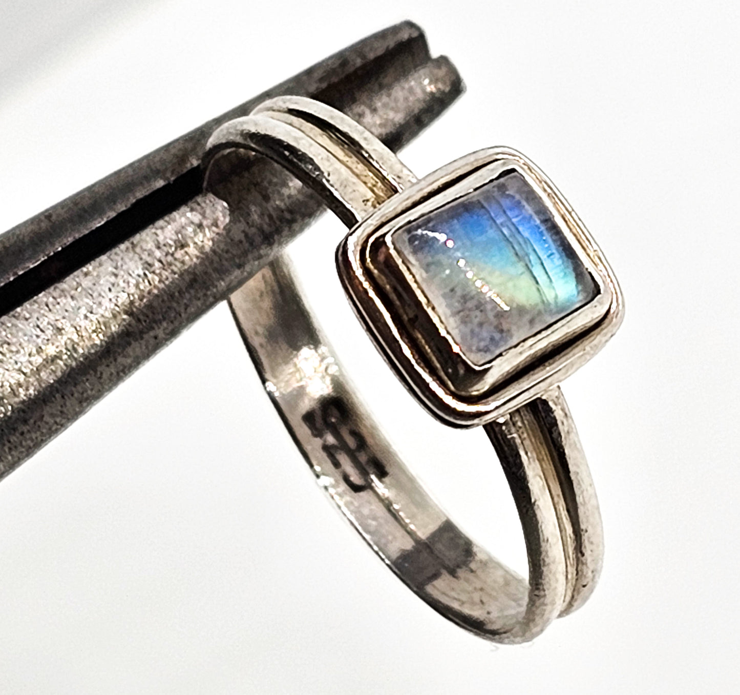 Labradorite small flashy rainbow princess cut sterling silver gemstone ring size 7