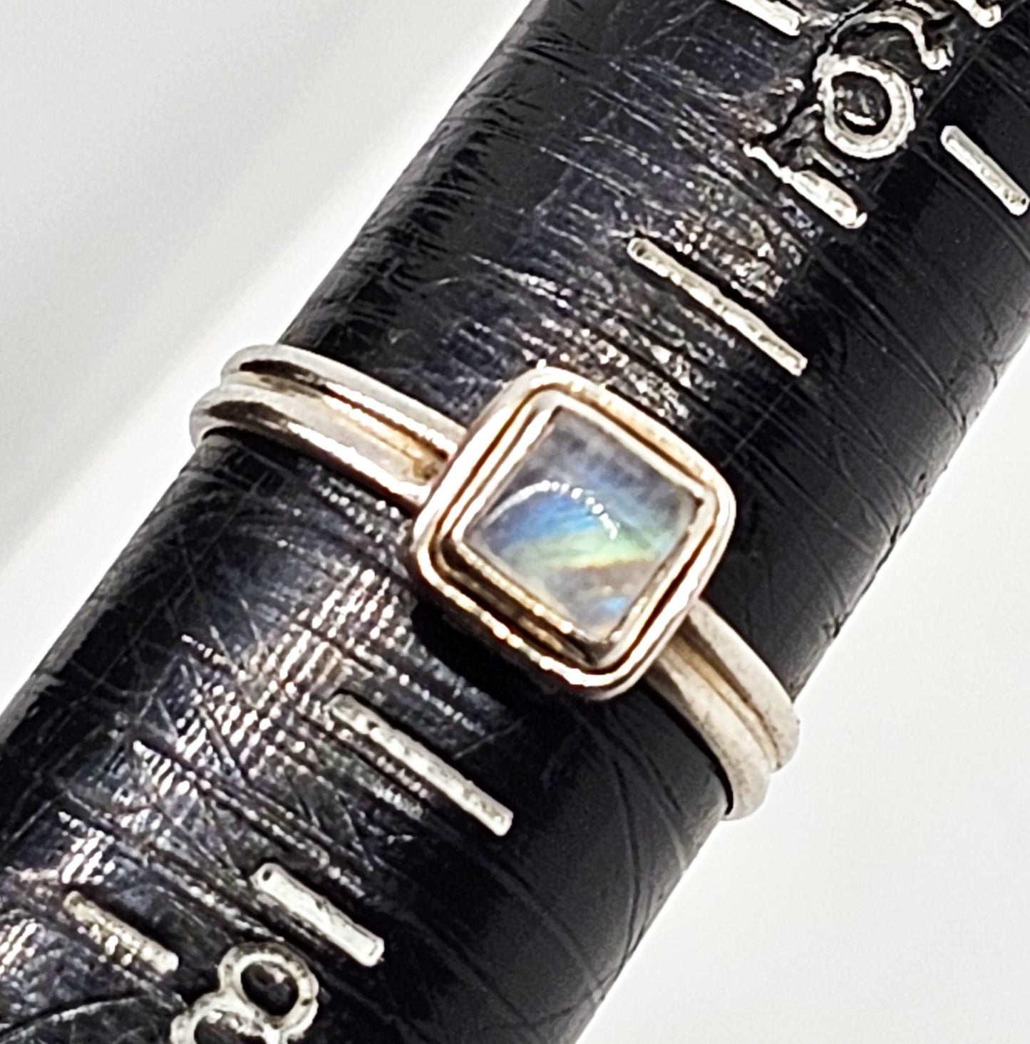 Labradorite small flashy rainbow princess cut sterling silver gemstone ring size 7