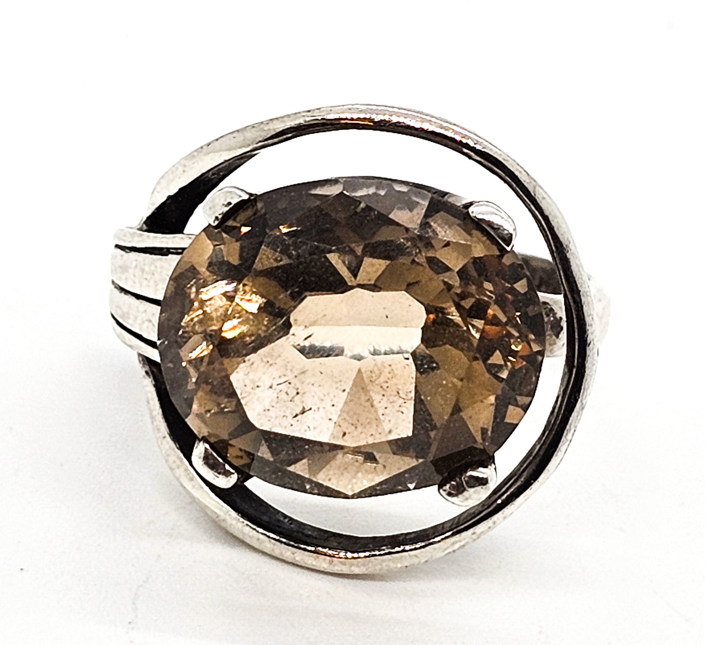 JRM Mexico Smoky Quartz 9 ct large oval vintage sterling silver ring size 6.5