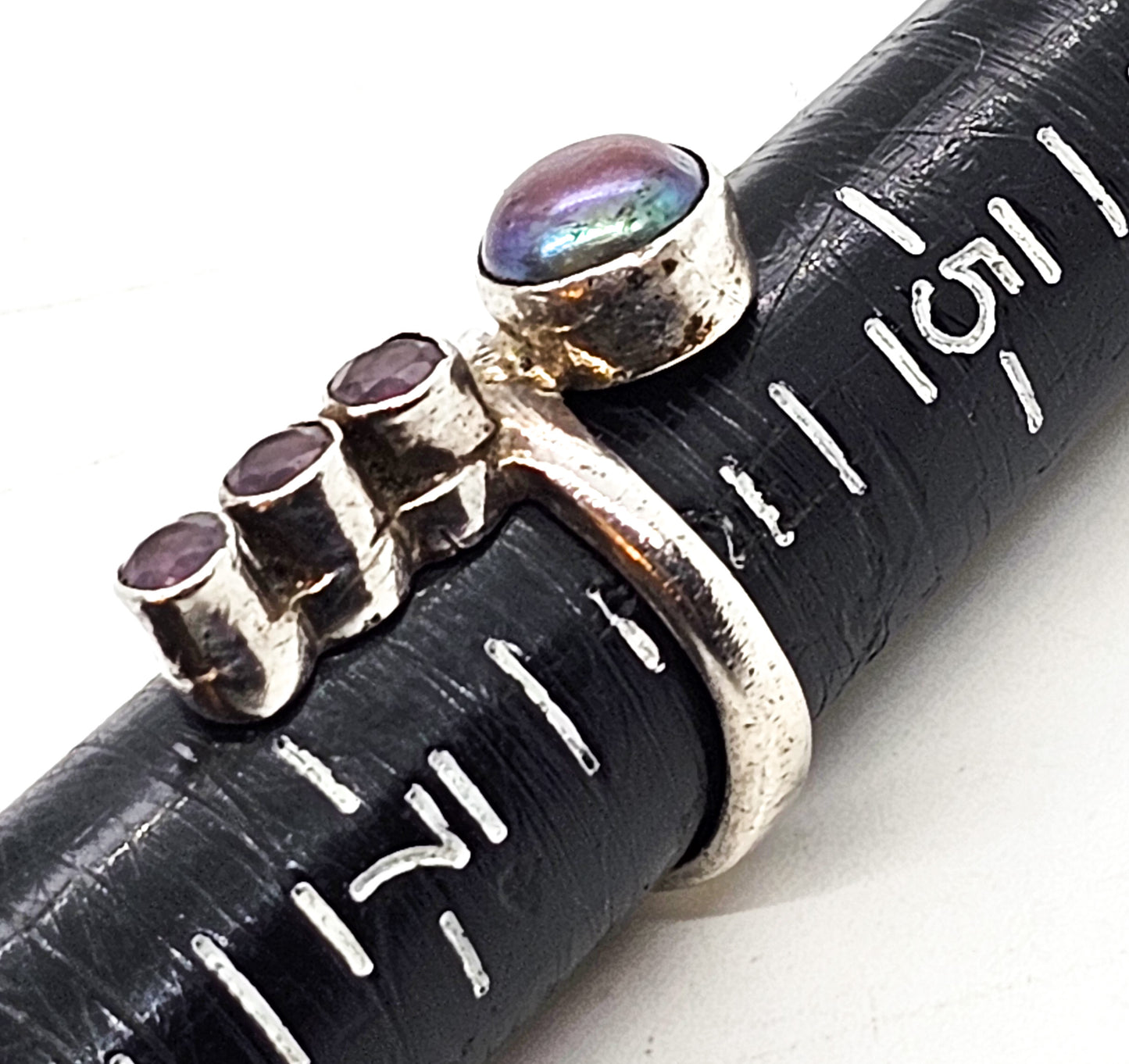 Black Pearl and synthetic purple amethyst sterling silver wave ring size 6