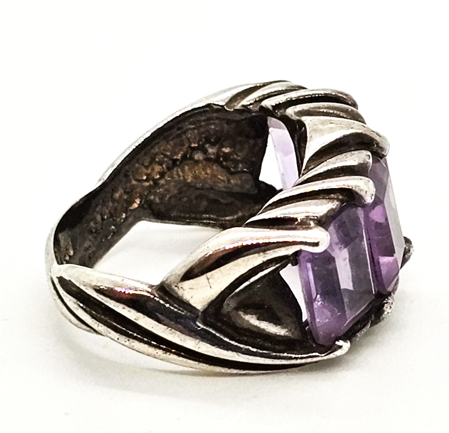 Four stone purple Amethyst thick band twisted CA vintage sterling silver ring size 7