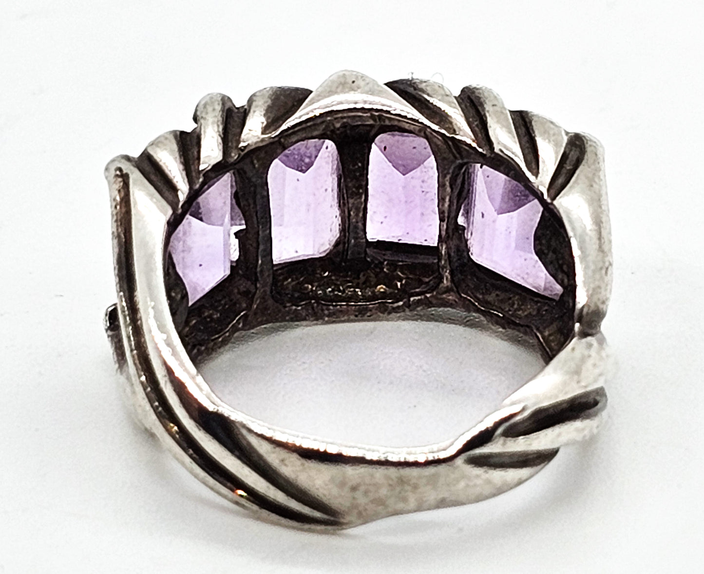 Four stone purple Amethyst thick band twisted CA vintage sterling silver ring size 7