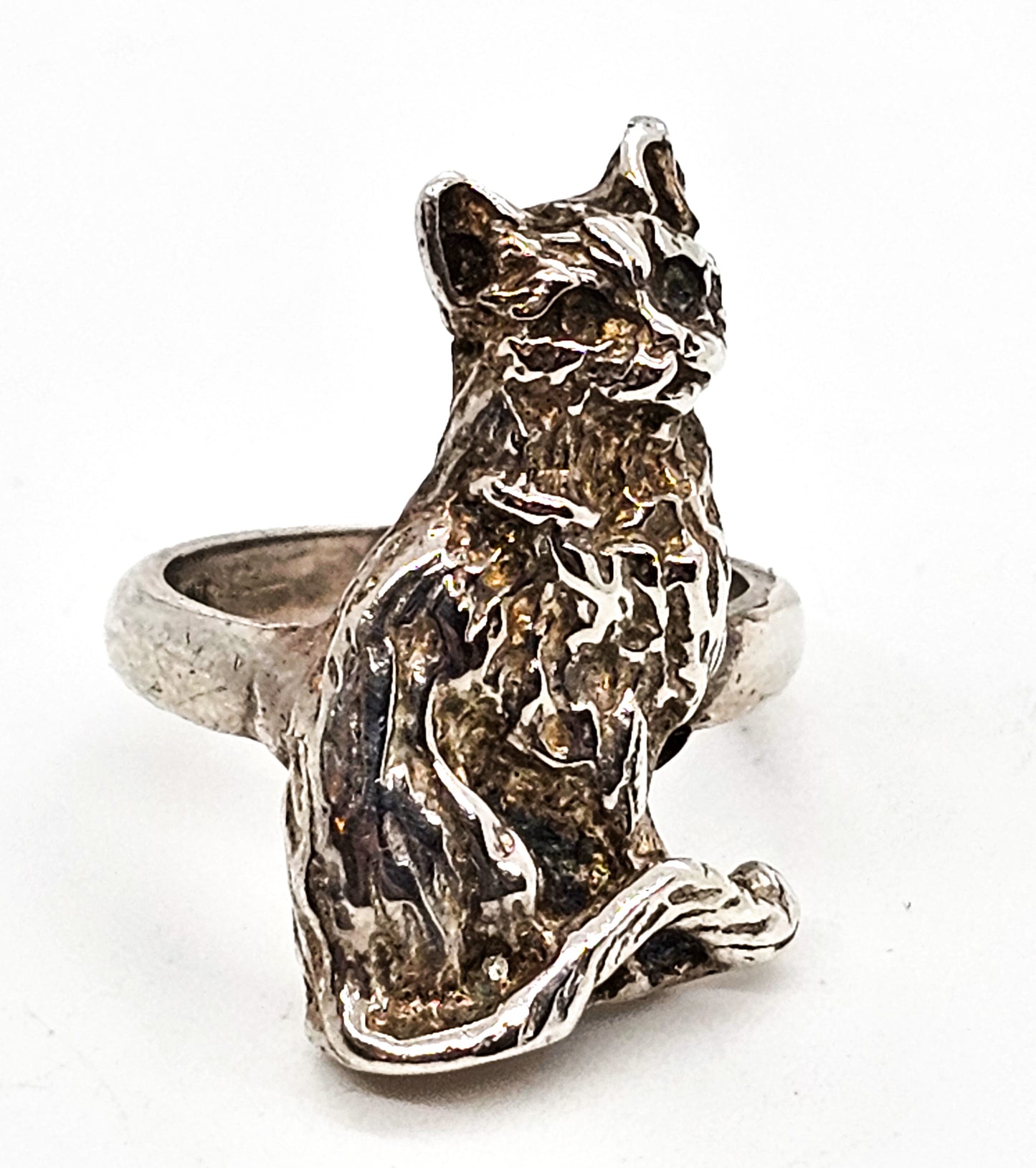 Sitting Pretty Kitty Cat feline figural solid sterling silver vintage ring size 7