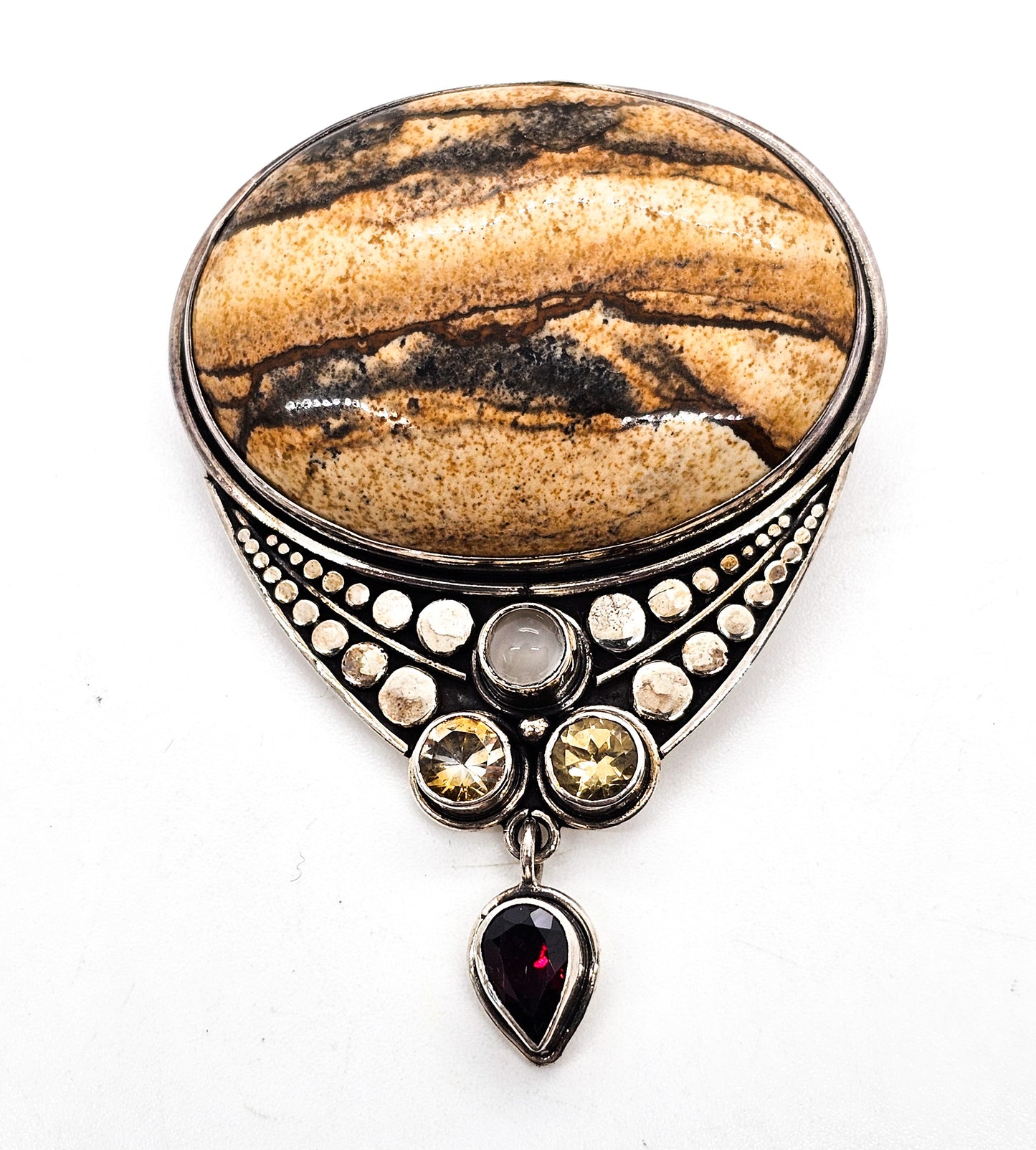 Sajen Picture Jasper with Citrine garnet and cat's eye sterling silver pendant brooch
