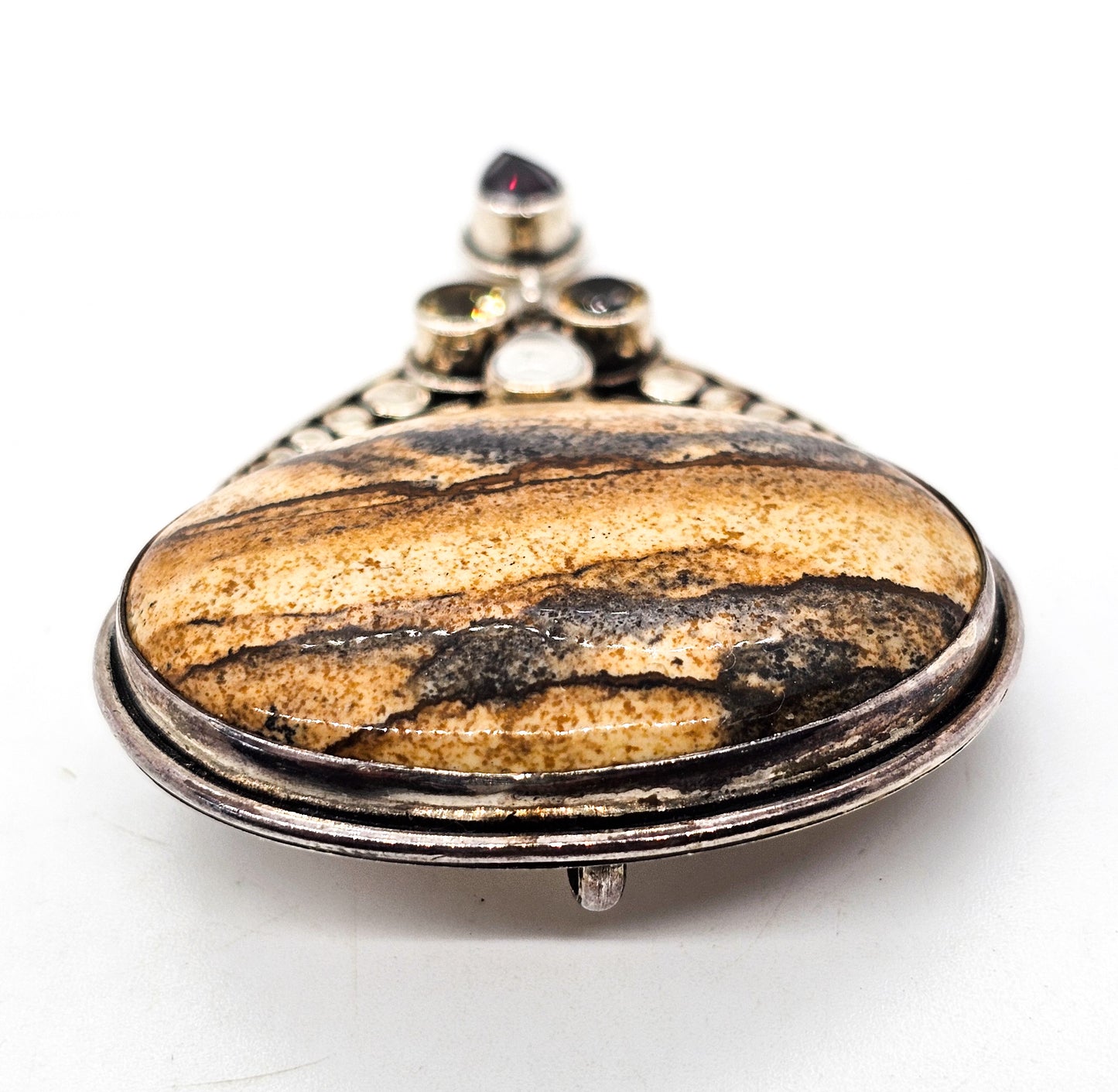 Sajen Picture Jasper with Citrine garnet and cat's eye sterling silver pendant brooch