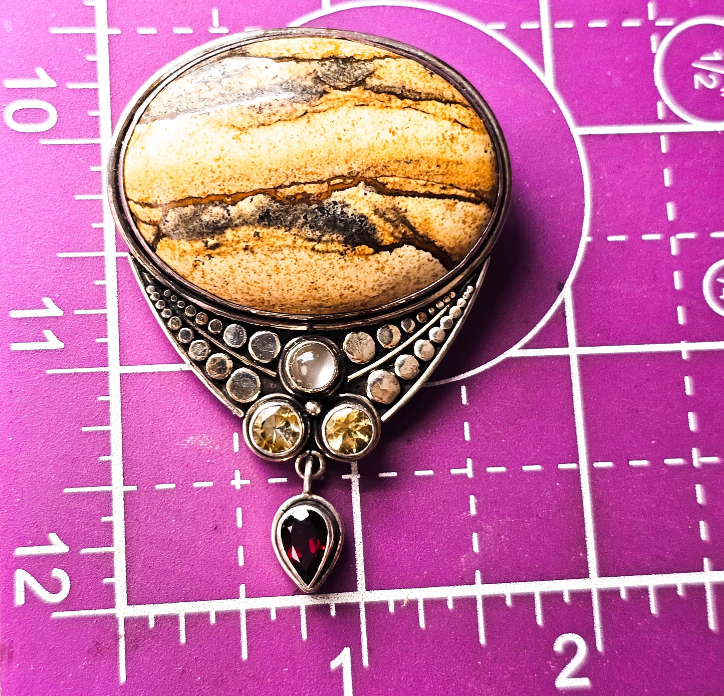 Sajen Picture Jasper with Citrine garnet and cat's eye sterling silver pendant brooch