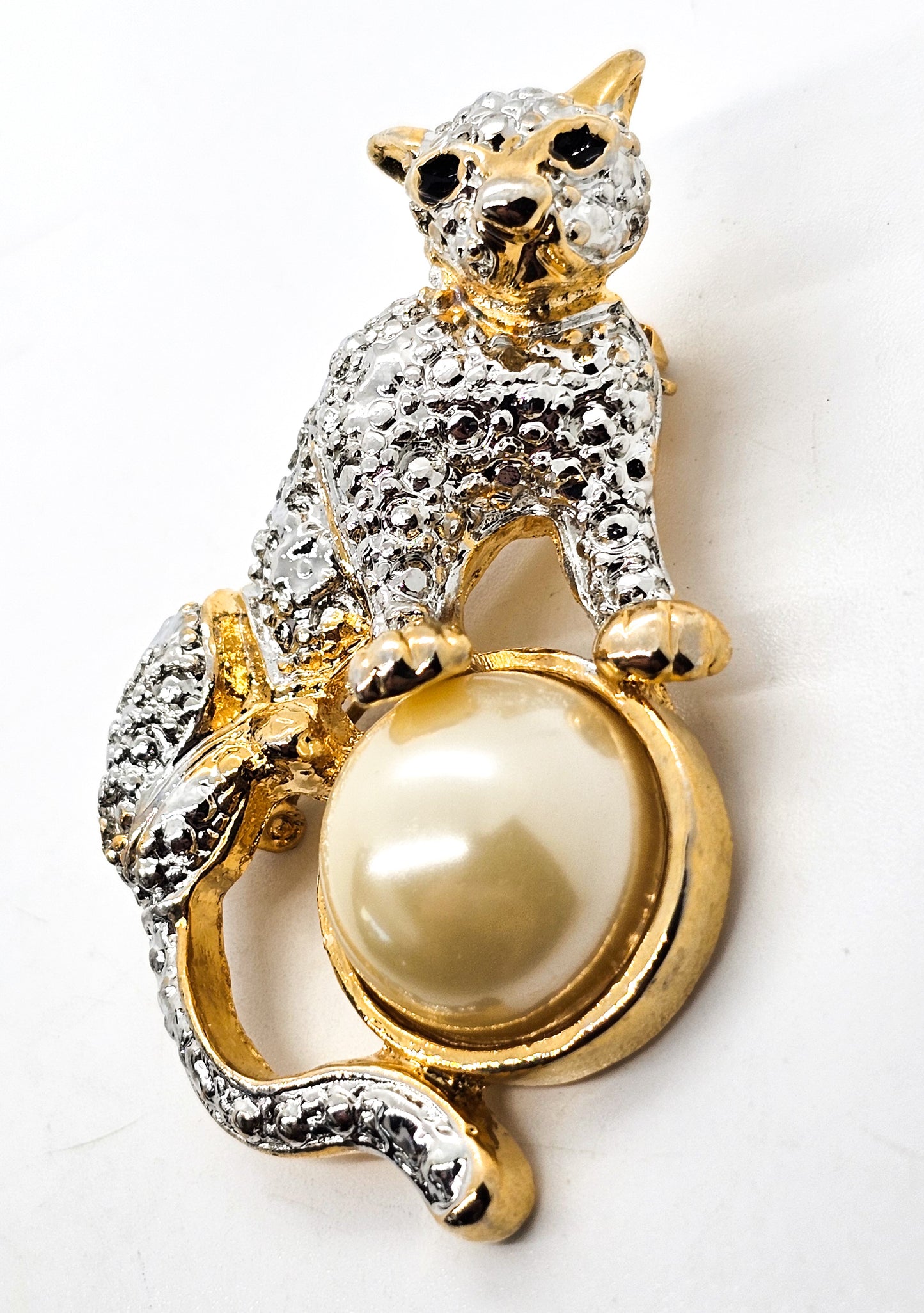 Big Cat Silver and Gold toned faux pearl vintage figural feline brooch