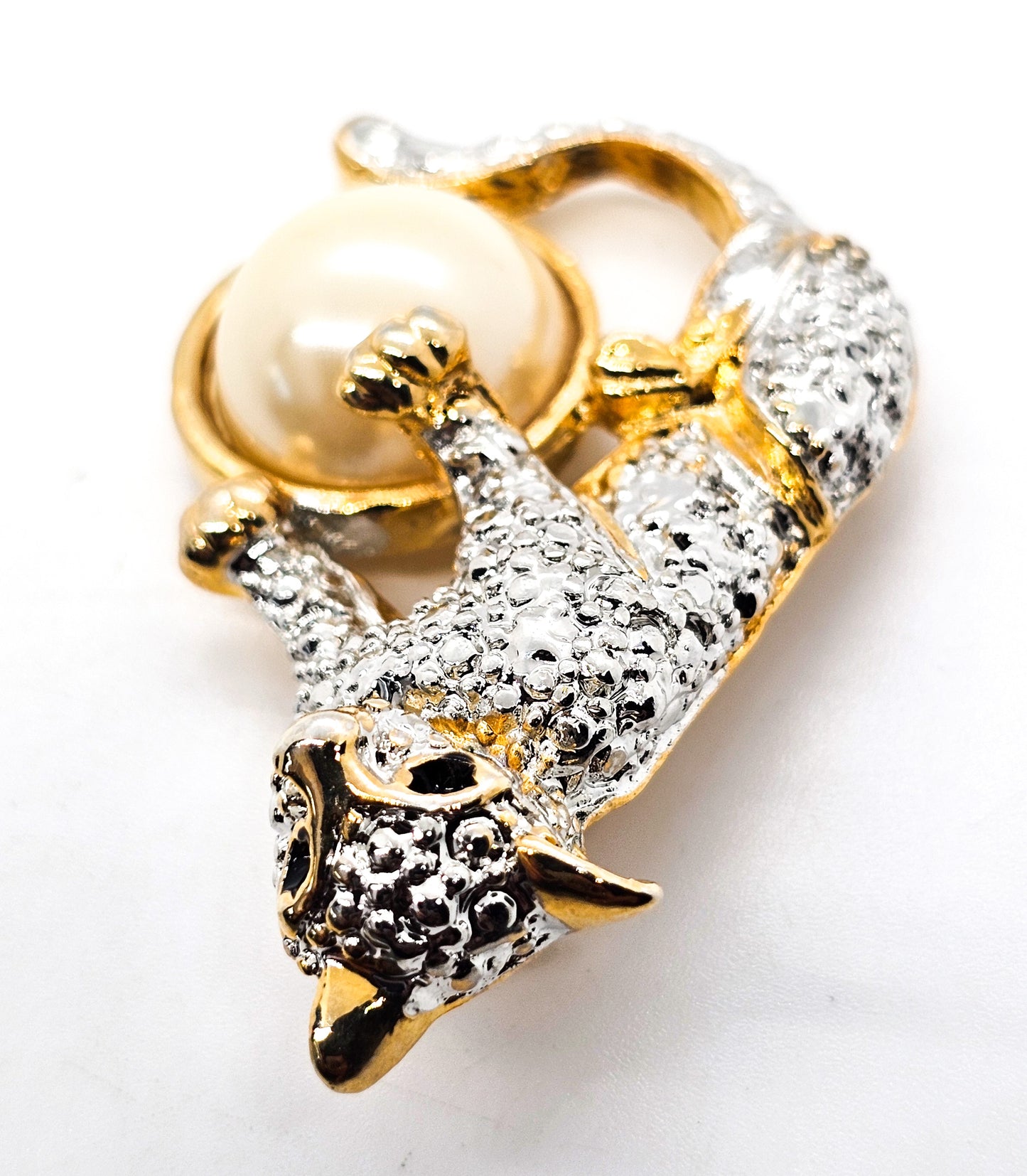 Big Cat Silver and Gold toned faux pearl vintage figural feline brooch