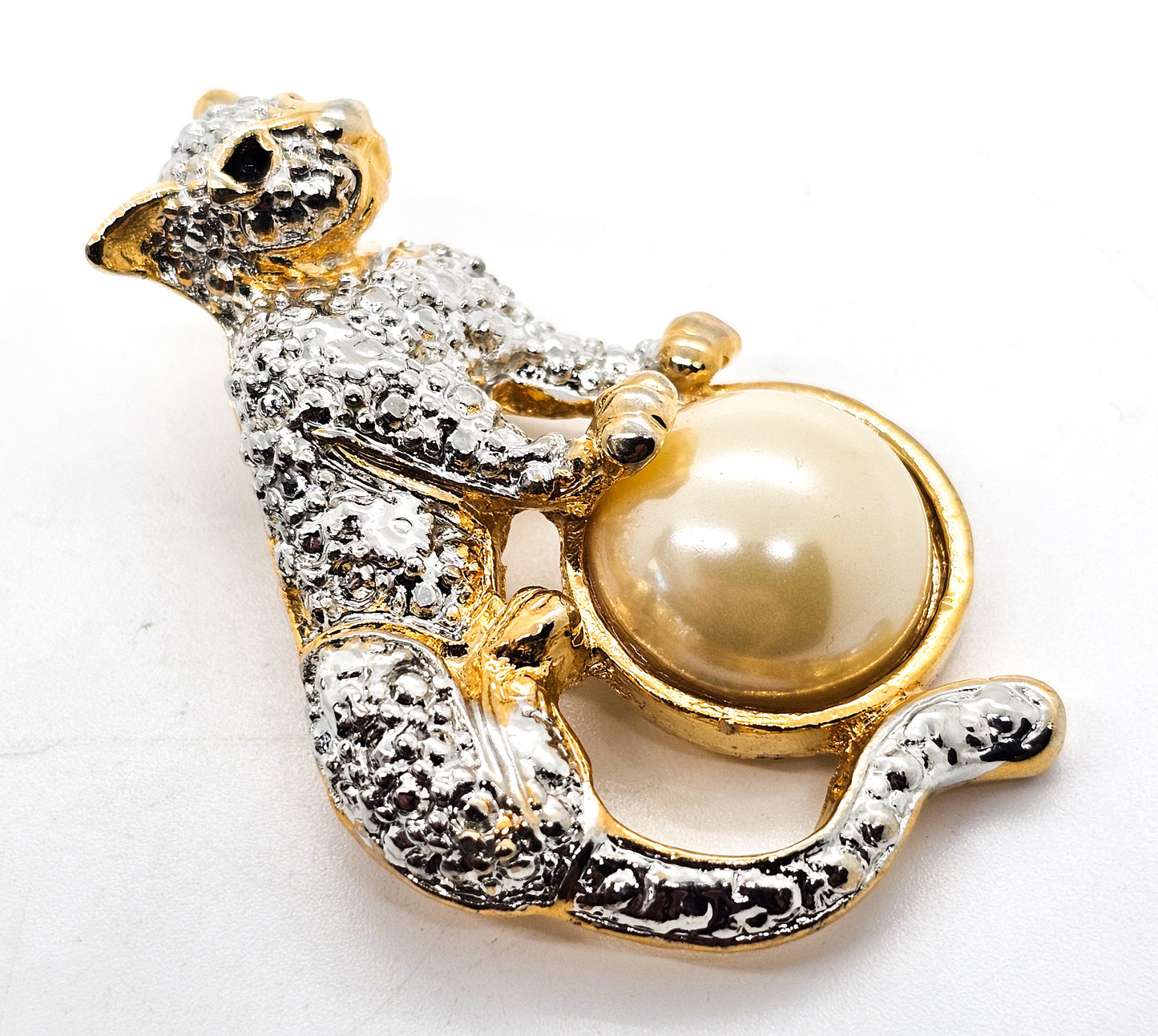Big Cat Silver and Gold toned faux pearl vintage figural feline brooch