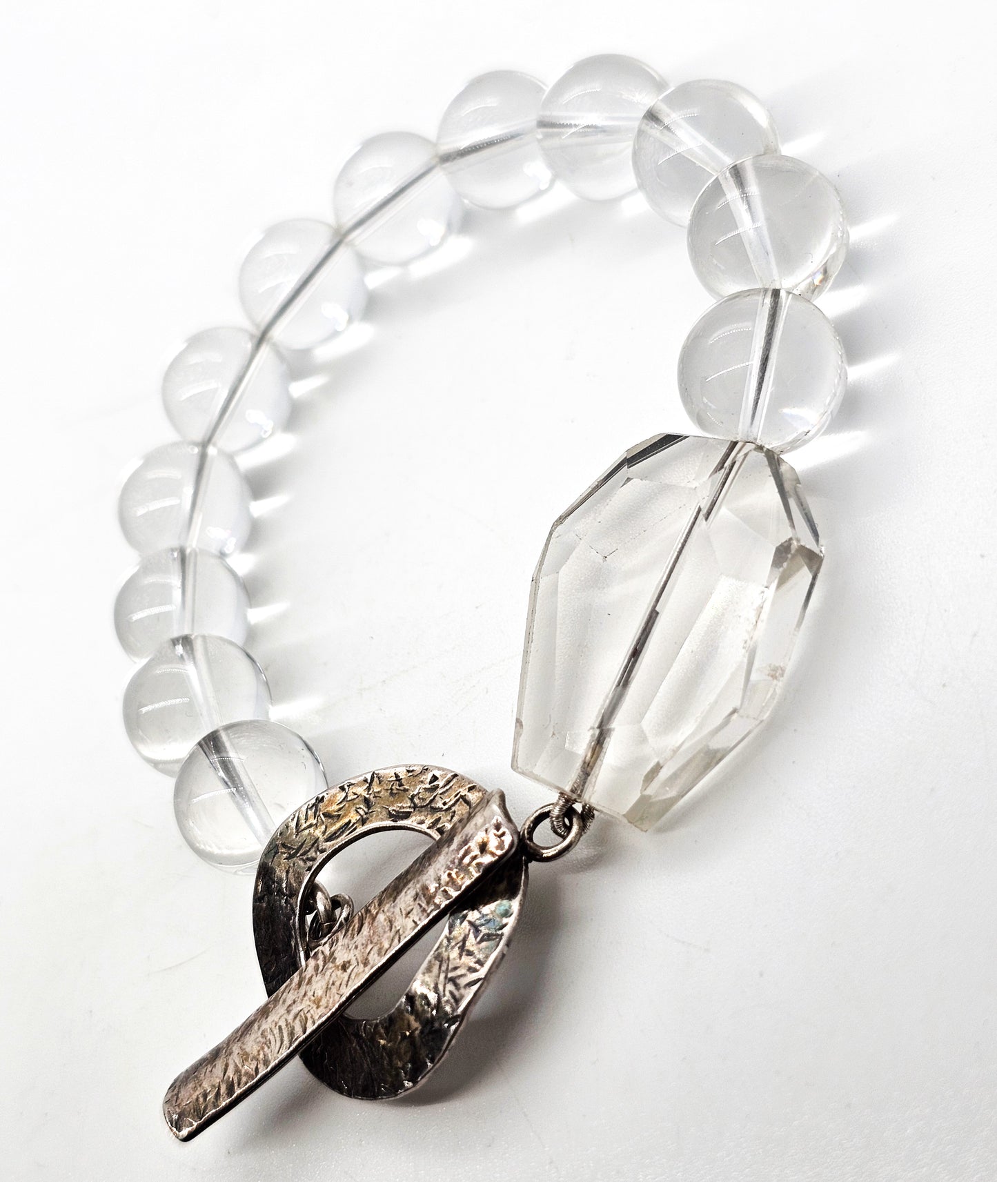 Clear Quartz gemstone beaded Sterling silver toggle clasp bracelet