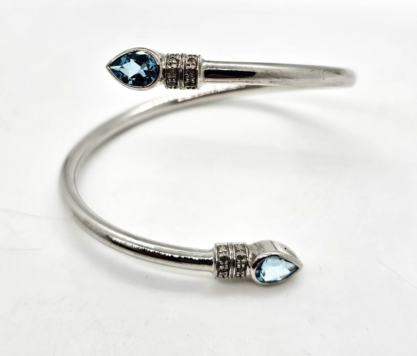 CN Blue Topaz diamond chip Bali style sterling silver torsade wrap bangle bracelet