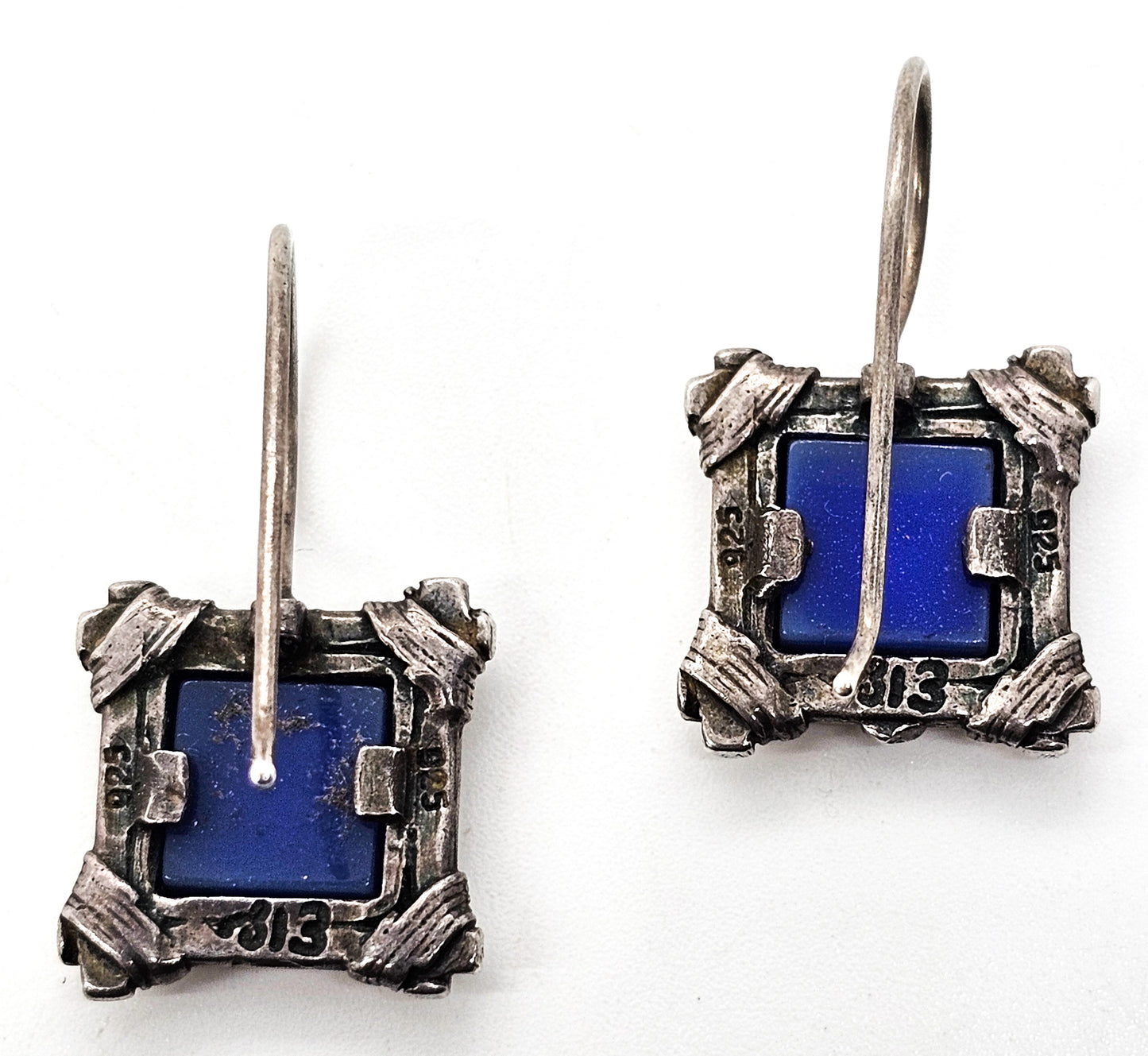 Lapis Lazuli blue gemstone square framed signed vintage sterling silver earrings