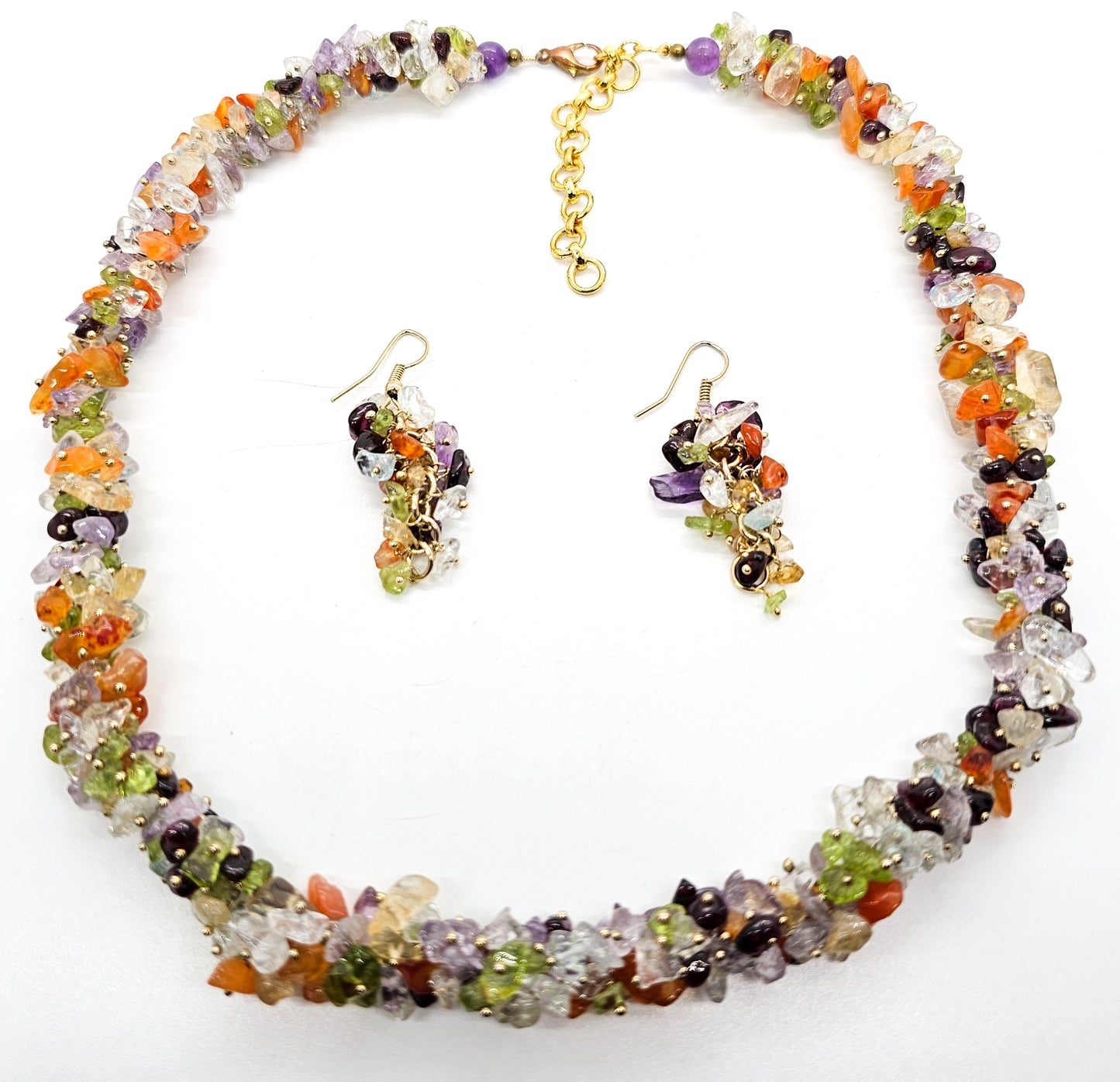 Multi gemstone chip cluster yellow gold plated necklace and earrings set
