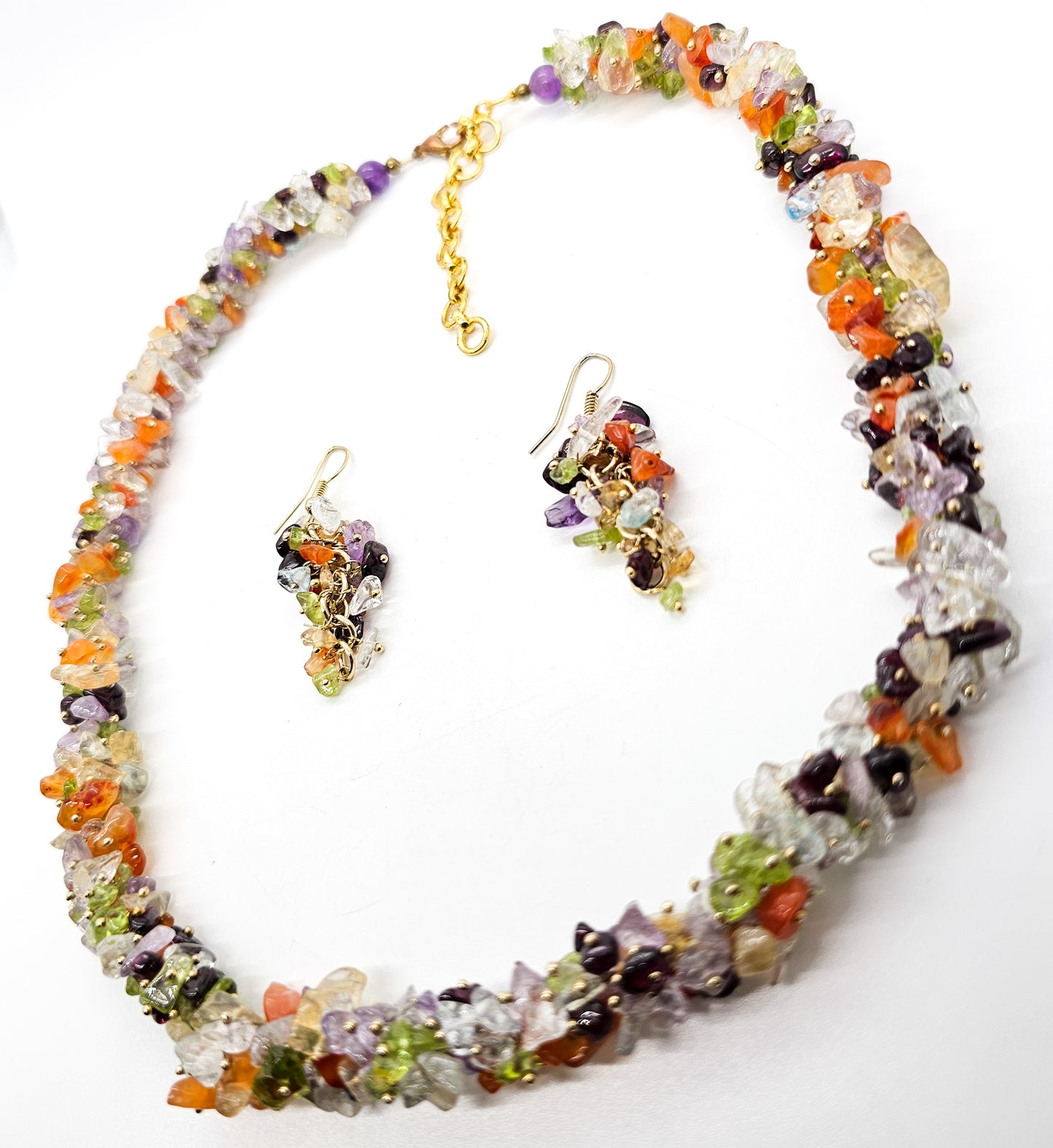 Multi gemstone chip cluster yellow gold plated necklace and earrings set